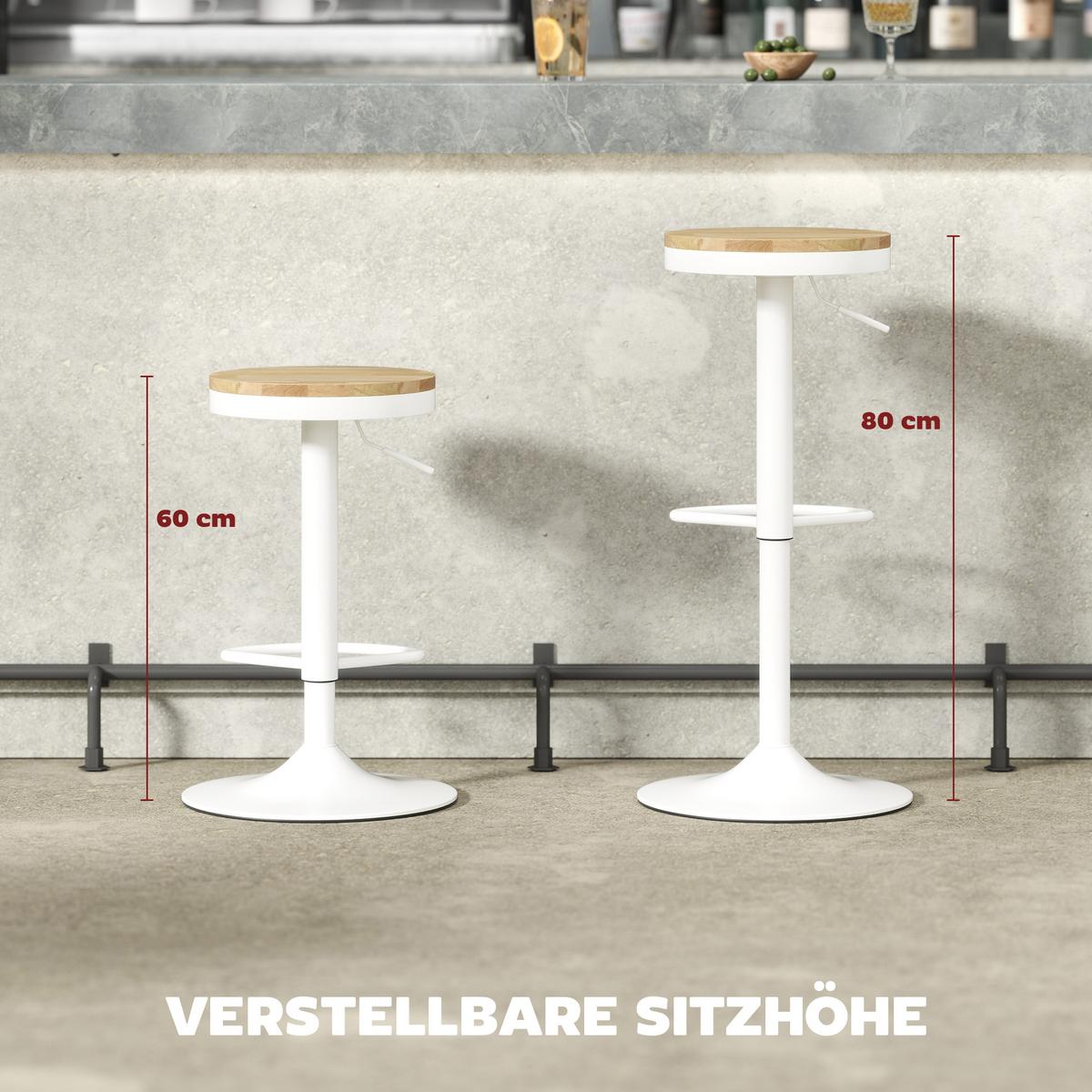 BARHOCKER SET 2 TLG. aus Gummibaumholz Stahl Weiß - Naturfarben/Weiß, Holz/Metall (38.5/80/38.5cm) - HOMCOM