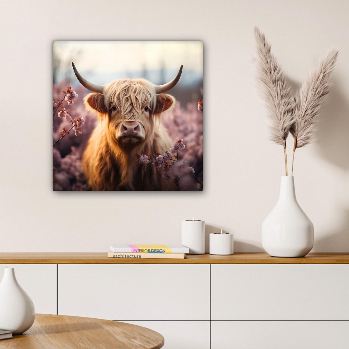 LEINWANDBILD Schottischer Hochländer - Frühling - Hochland Wandbild Wohnzimmer 50x50 cm - Hellrosa, Textil (50/50cm) - MuchoWow