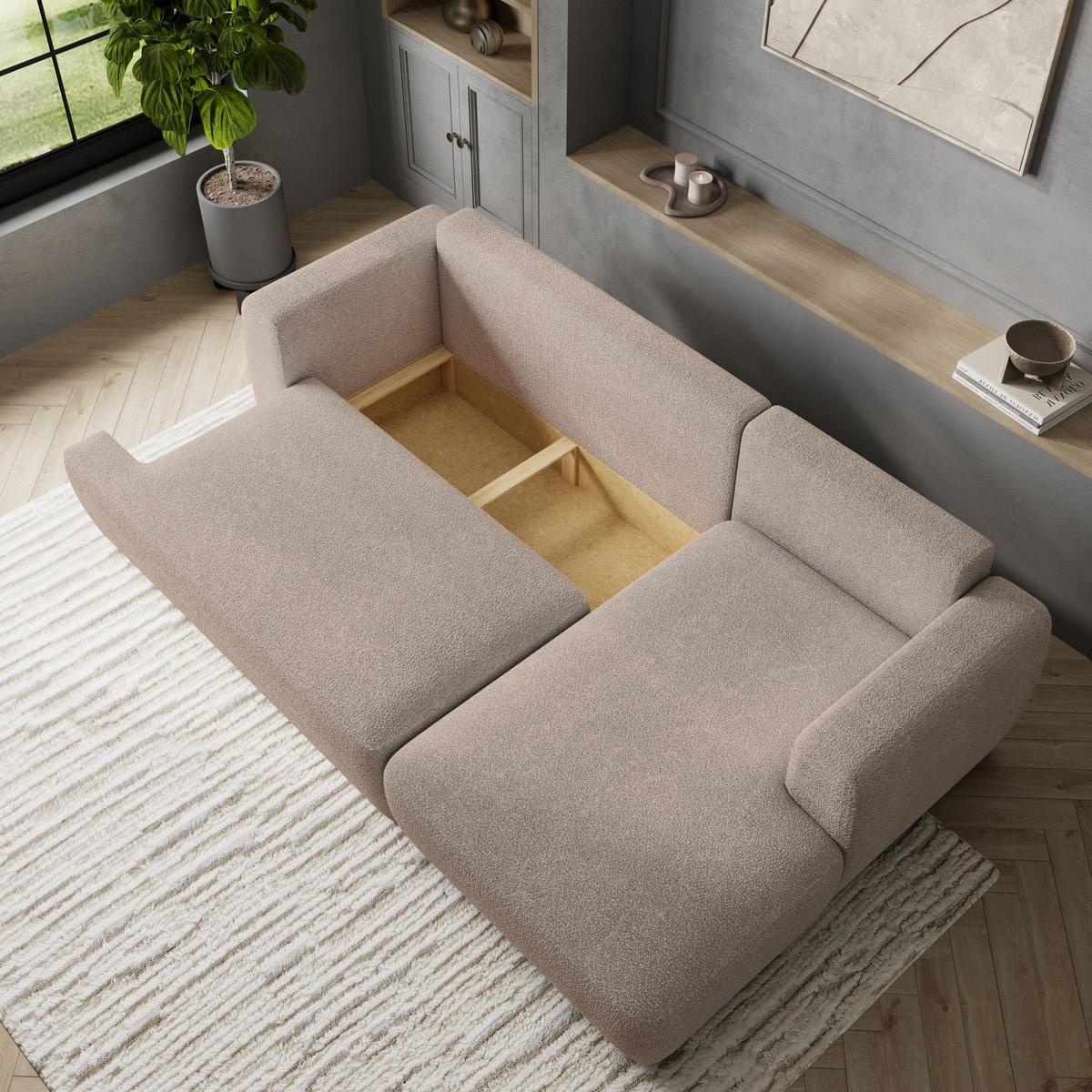 ECKSOFA SENTI N R-S Beige Boucle-Stoff mit Schlaffunktion - Beige/Schwarz, Holz/Kunststoff (246/148cm) - MASSENO