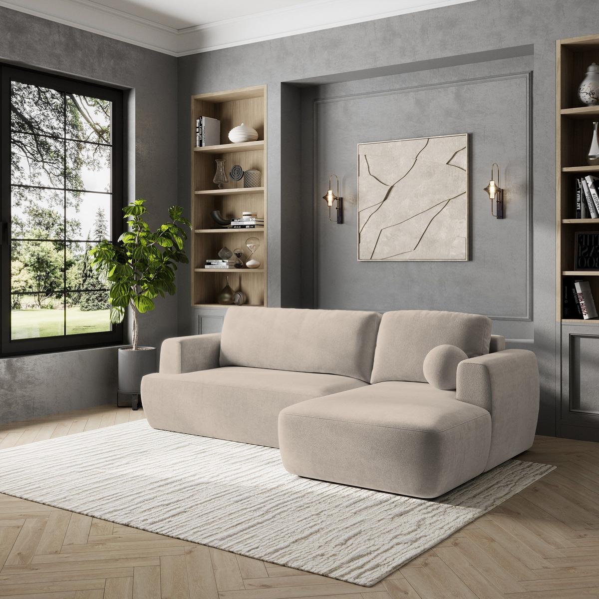 ECKSOFA SENTI K R-S Beige Plüsch-Stoff mit Schlaffunktion - Beige/Schwarz, Holz/Kunststoff (246/148cm) - MASSENO