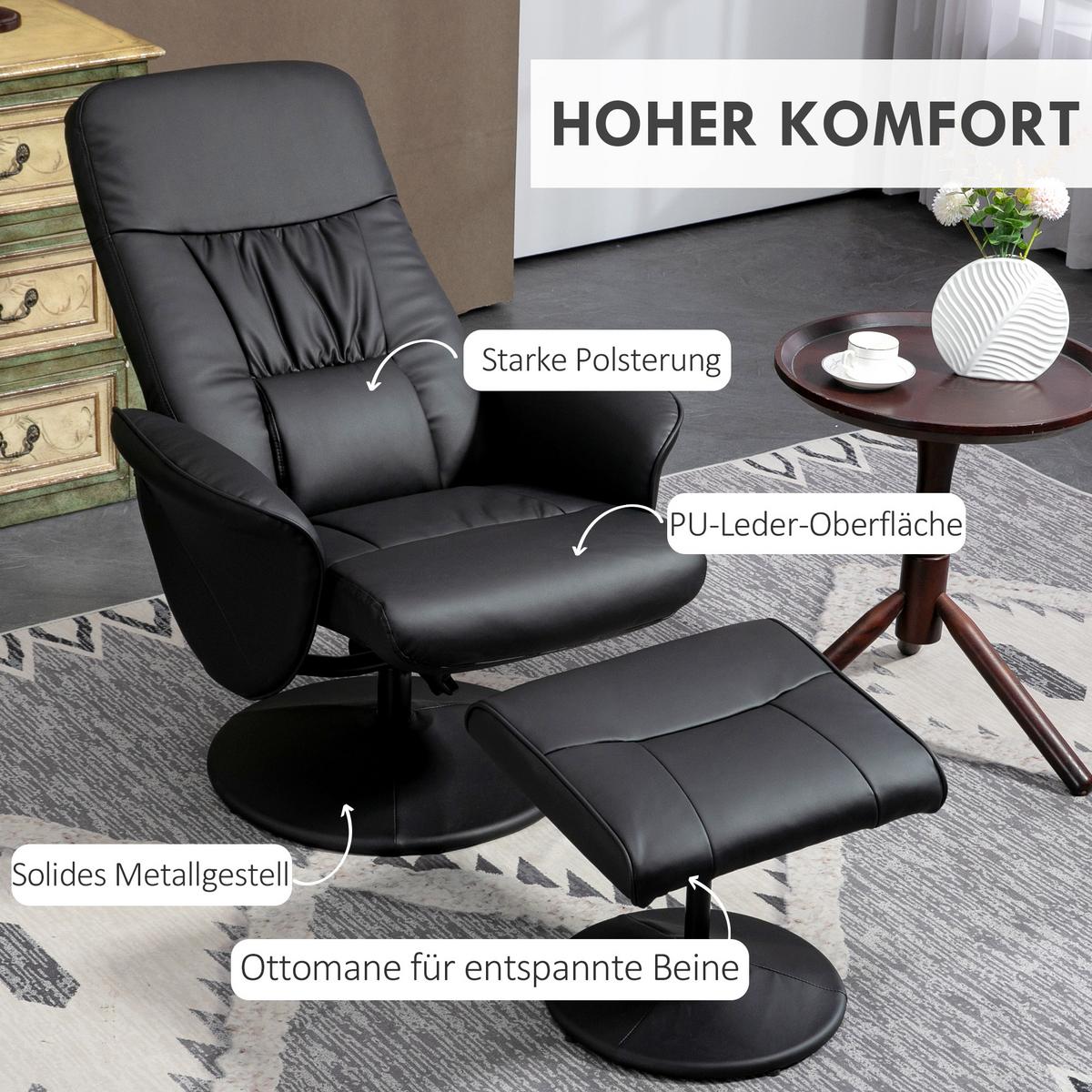 RELAXSESSEL mit Hocker, Fernsehsessel, TV Sessel mit Liegefunktion, Kunstleder - Schwarz, Metall (76/101/81cm) - HOMCOM