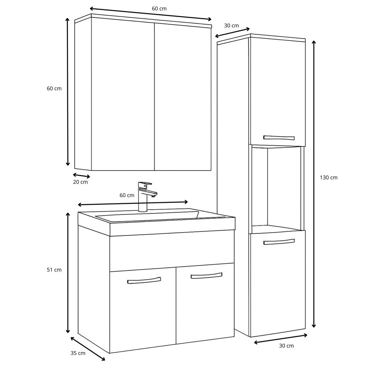 BADMÖBEL-SET Montreal 4 Teile Spiegelschrank Eiche - 60 x 35 x 51 cm - Chromfarben/Eiche Wotan, Holz/Metall (60/51/35cm) - Badplaats