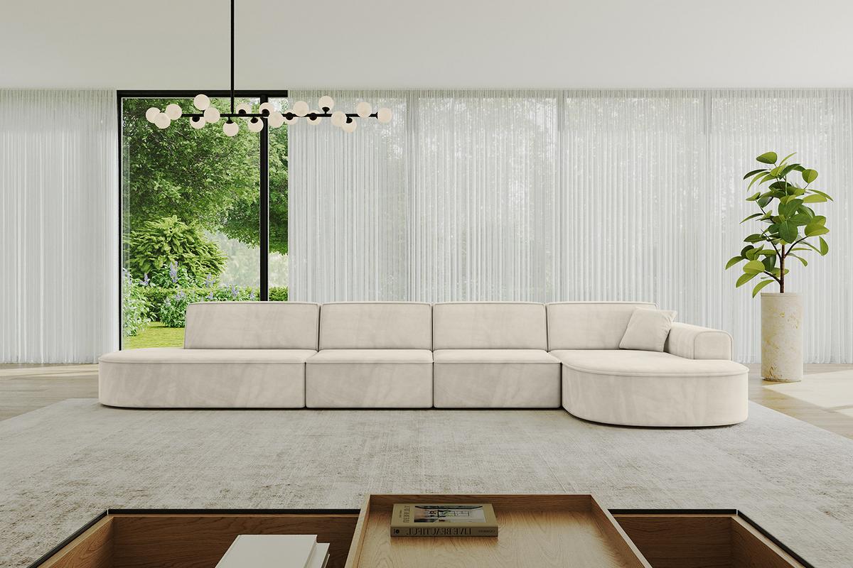 ECKSOFA Ottomane Rechts MARI-L3 - 413x171x79 cm Ecru Velours - Ecru/Schwarz, Holzwerkstoff/Kunststoff (171/413cm) - ALTDECOR