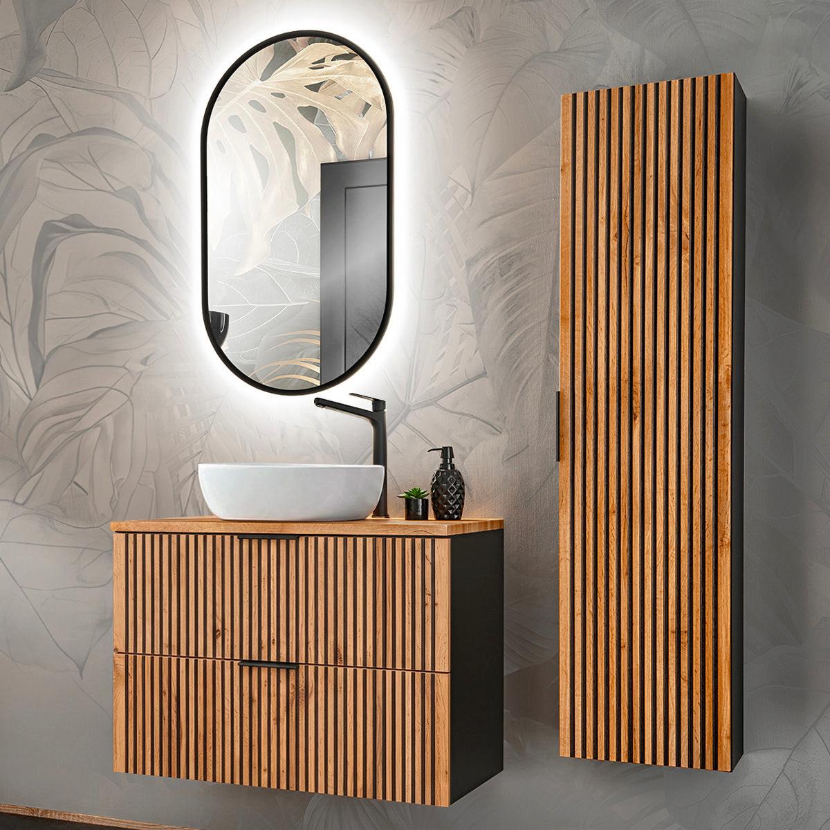 BADMÖBEL 80.6cm Gaia 2er-Set Holz in Eichenoptik und Schwarz - Schwarz, Holzwerkstoff (80.6/59/46cm) - Petits-meubles
