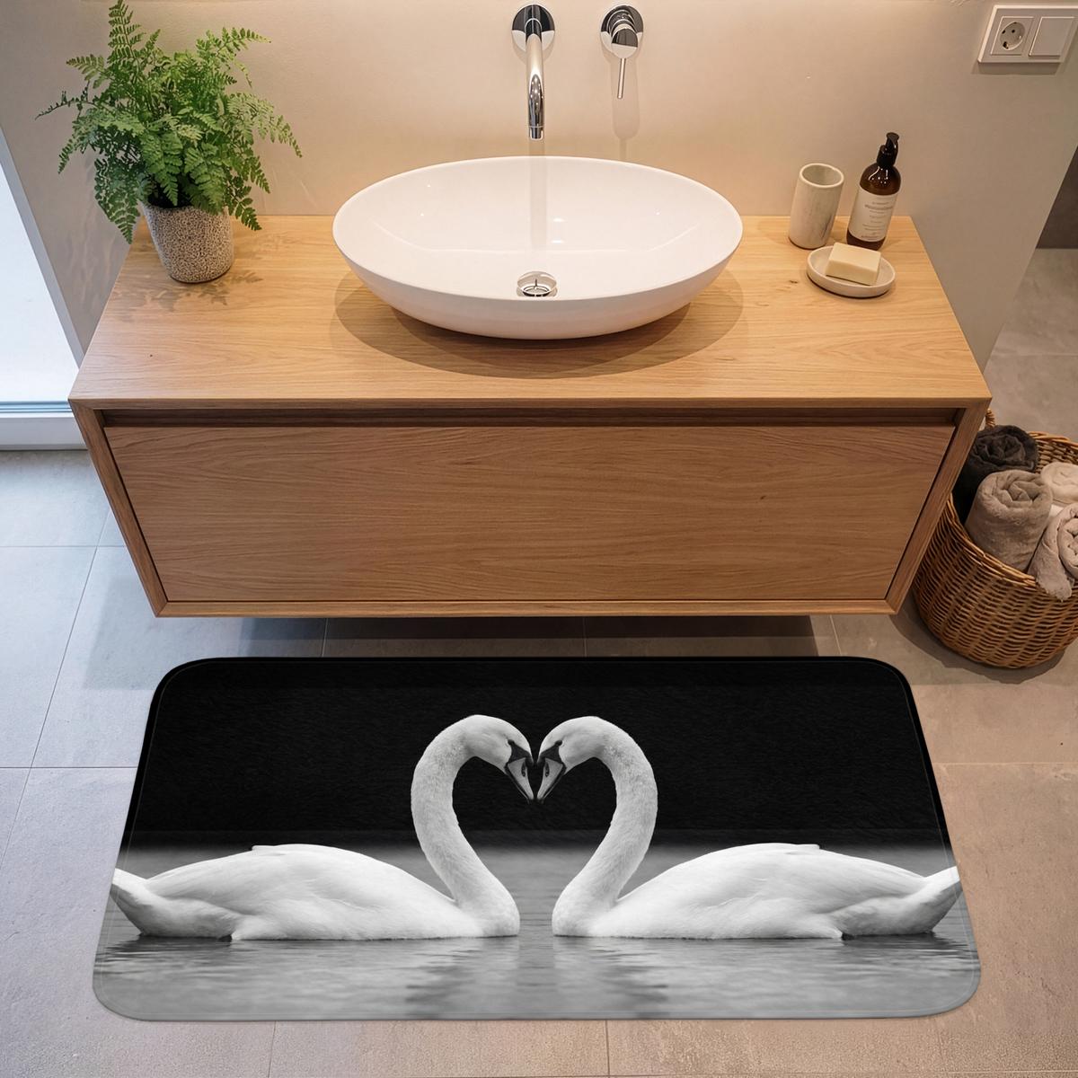 BADEMATTE Schwäne - Herz - Schwarz - Weiß 120x60 cm - Schwarz, Textil (120/60cm) - OnlyWow