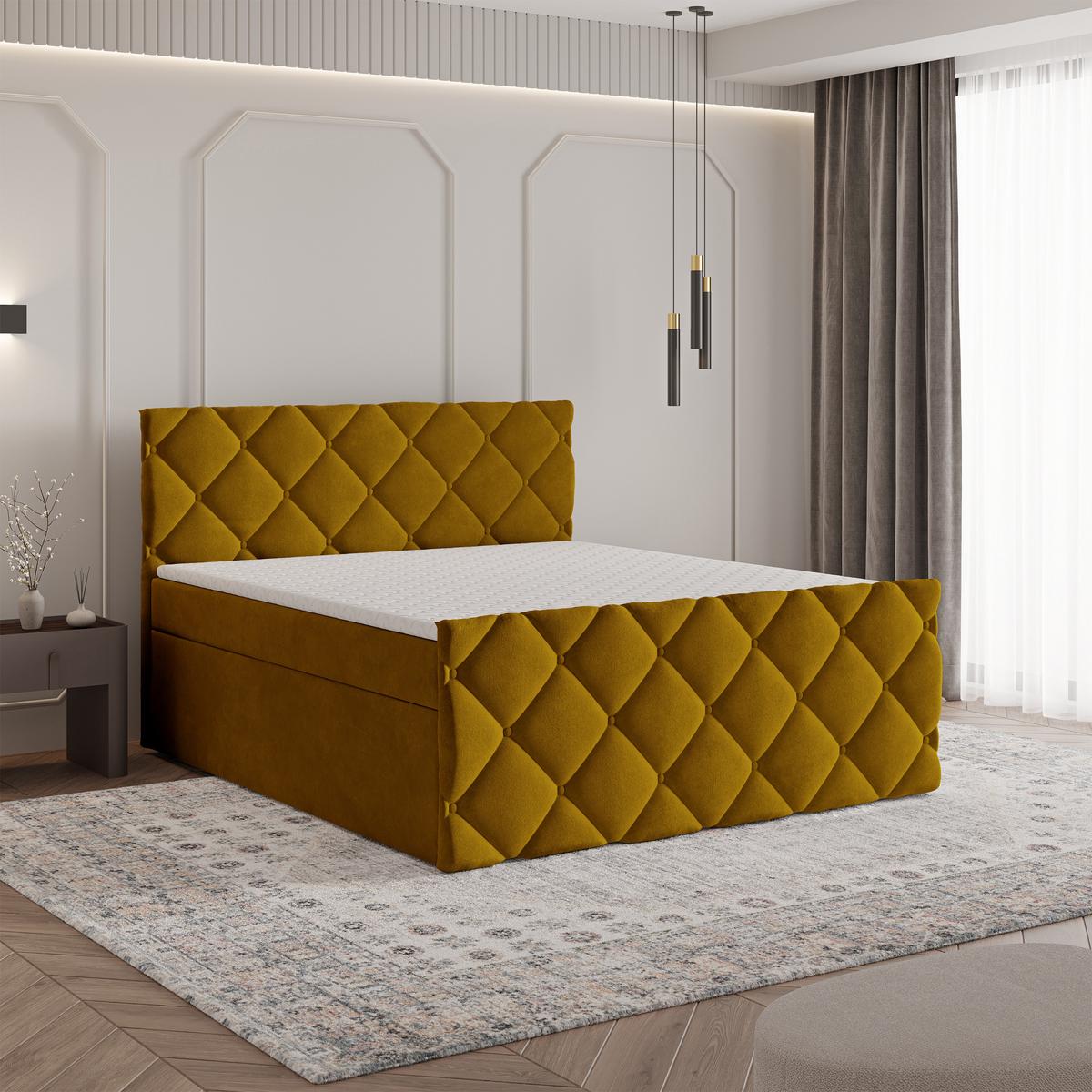 BOXBETT ROVARI 180x200 cm mit Matratze und Topper - Gelb - Gelb, Holz (180/200cm) - MASSENO