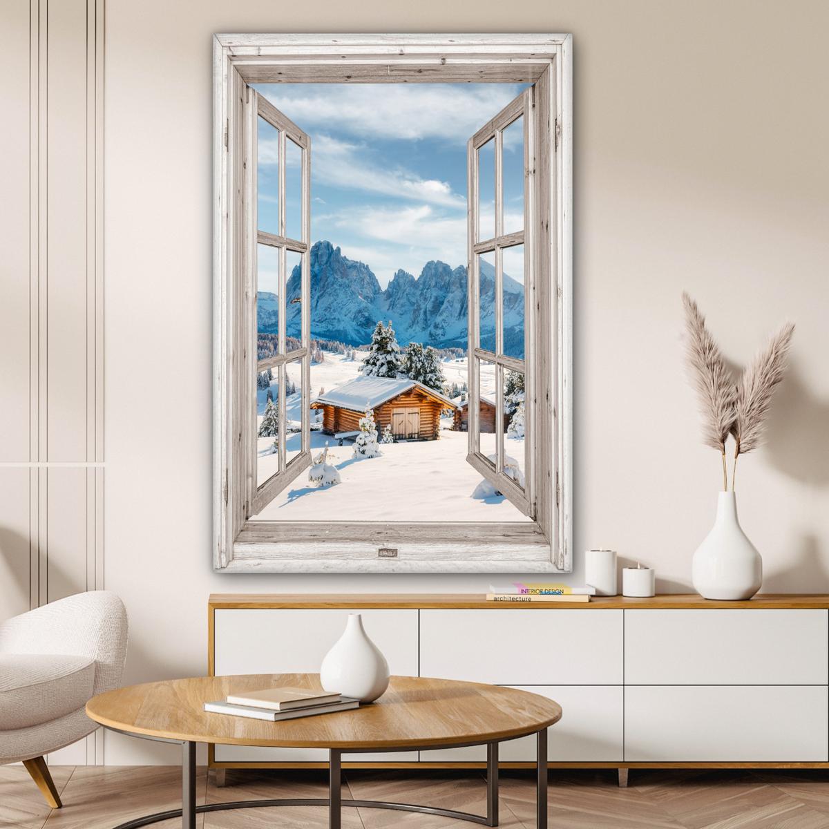 LEINWANDBILD Winterlandschaft - Hütte - Berge - Ausblicke - Aussicht - Natur Deko XXL 80x120 cm - Weiß Hochglanz, Textil (80/120cm) - MuchoWow