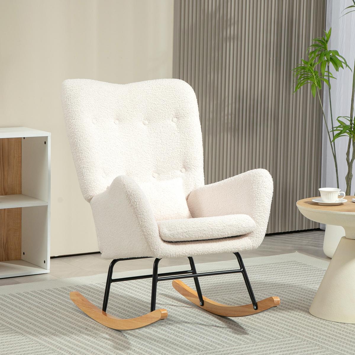 SCHAUKELSTUHL, Schaukelsessel mit Armlehne, Teddystoff-Optik, Cremeweiß - Creme/Naturfarben, Holz/Textil (69/100/92cm) - HOMCOM