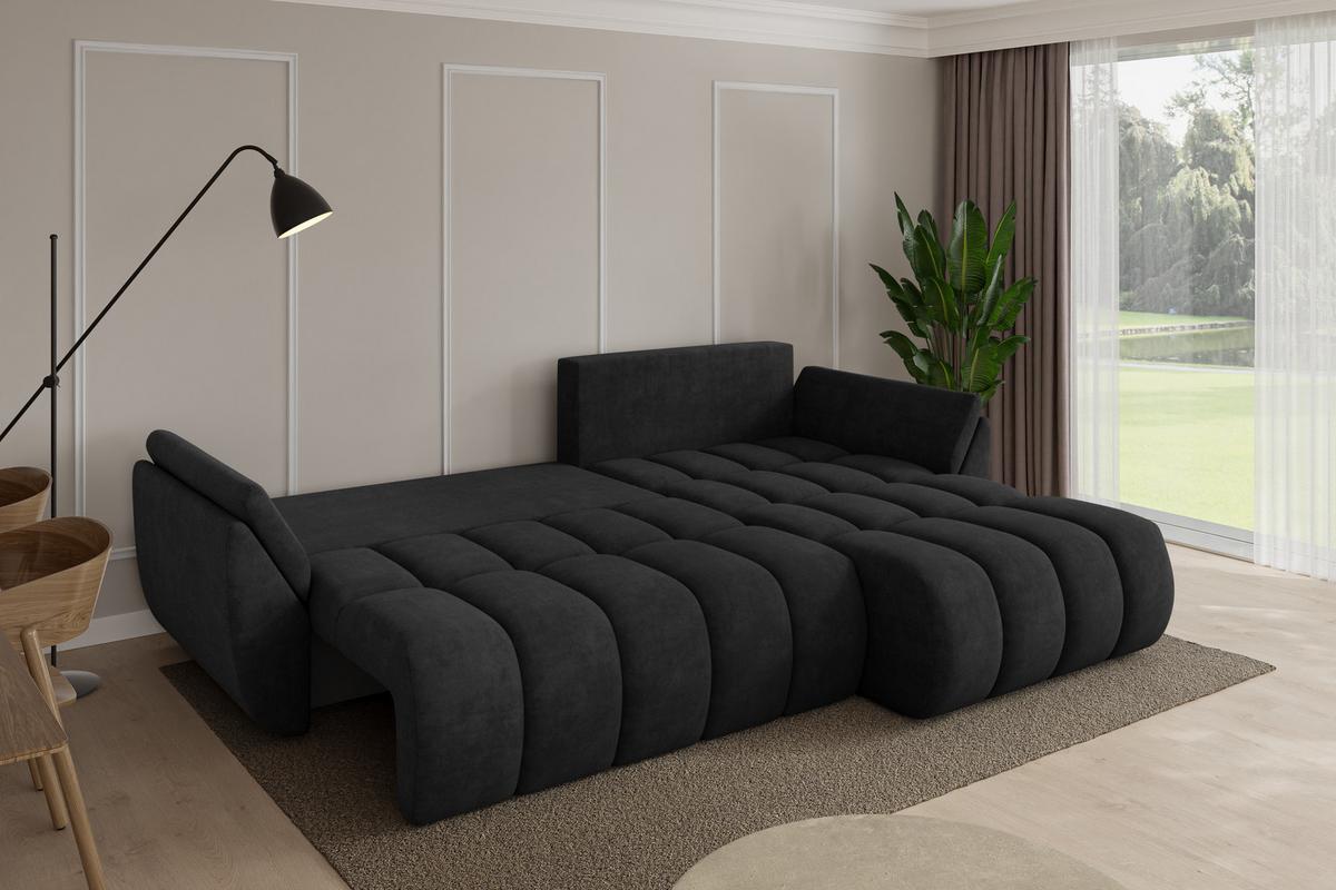 ECKSOFA mit Schlaffunktion Ottomane Rechts TOKO-L-v1 277x194x86 Schwarz Velours - Schwarz, Holzwerkstoff/Kunststoff (277/194cm) - ALTDECOR