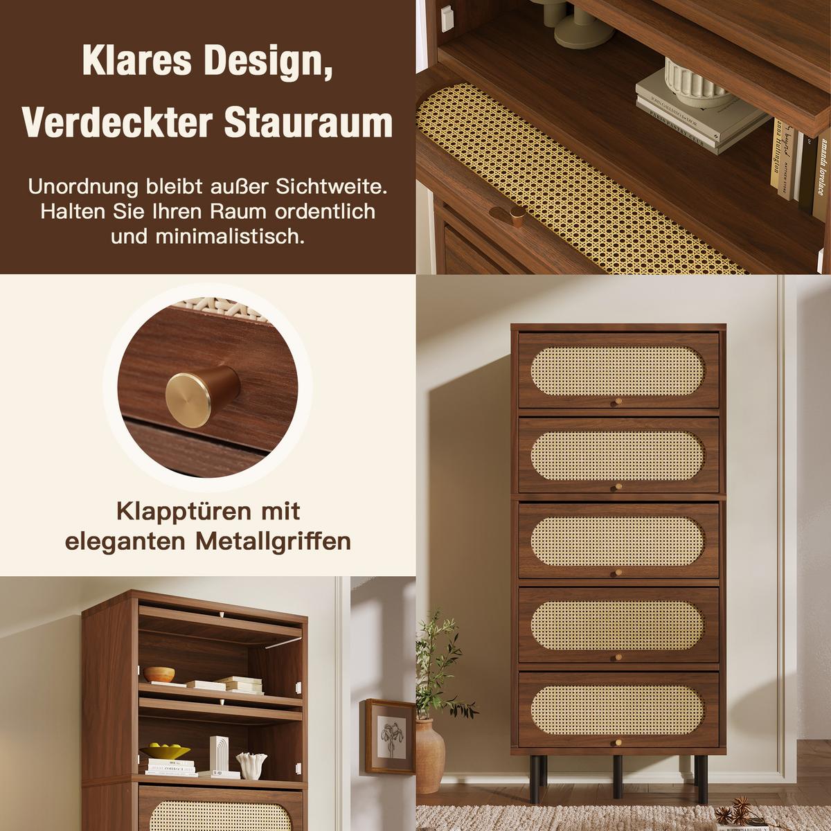 BUFFETSCHRANK Nussbaum & Rattan, 5 Klappen, Metallbeine - Walnussfarben, Holz (80/163/40cm) - Urban Meuble
