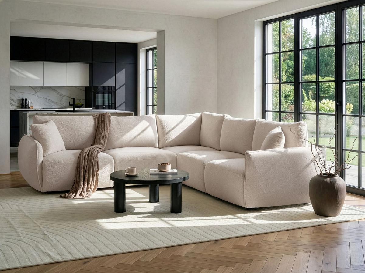 ECKSOFA Modul 5-Sitzer Bouclé Cremeweiß linksseitig Mesnali - Creme, Textil (268/268cm) - Beliani