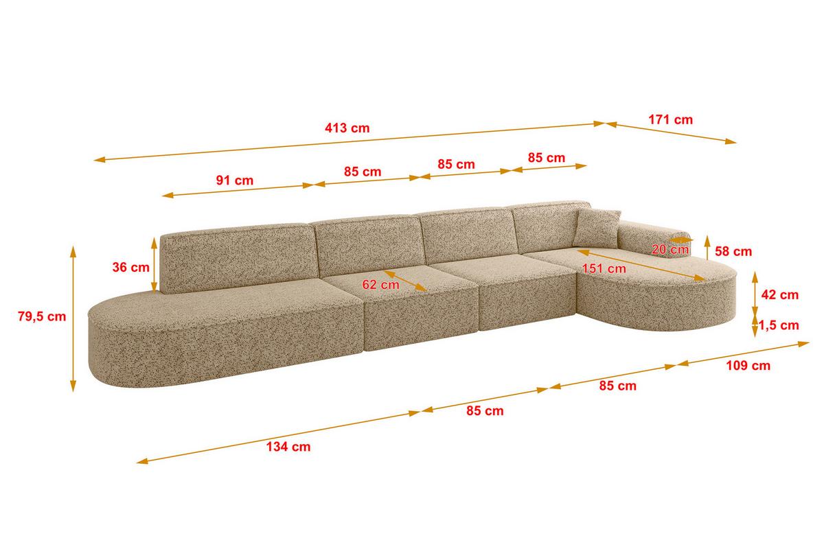 ECKSOFA Ottomane Rechts MARI-L3 - 413x171x79 cm Braun Tissu - Schwarz/Braun, Holzwerkstoff/Kunststoff (171/413cm) - ALTDECOR