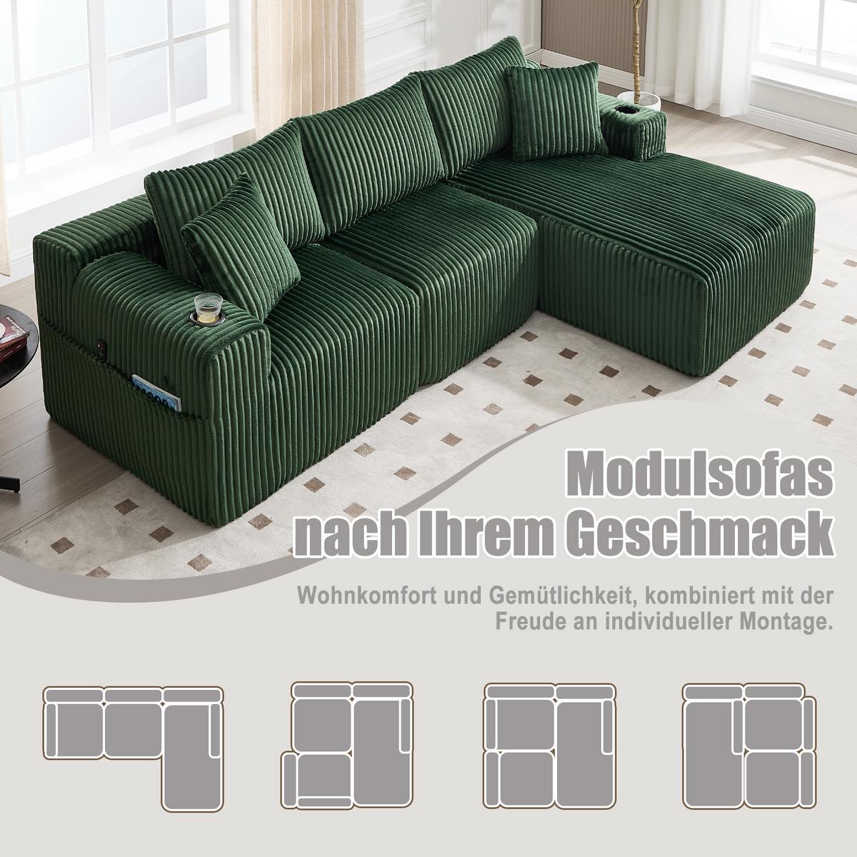 ECKSOFA mit Chaiselongue Cord - Smaragdgrün, Textil (257/160cm) - Urban Meuble