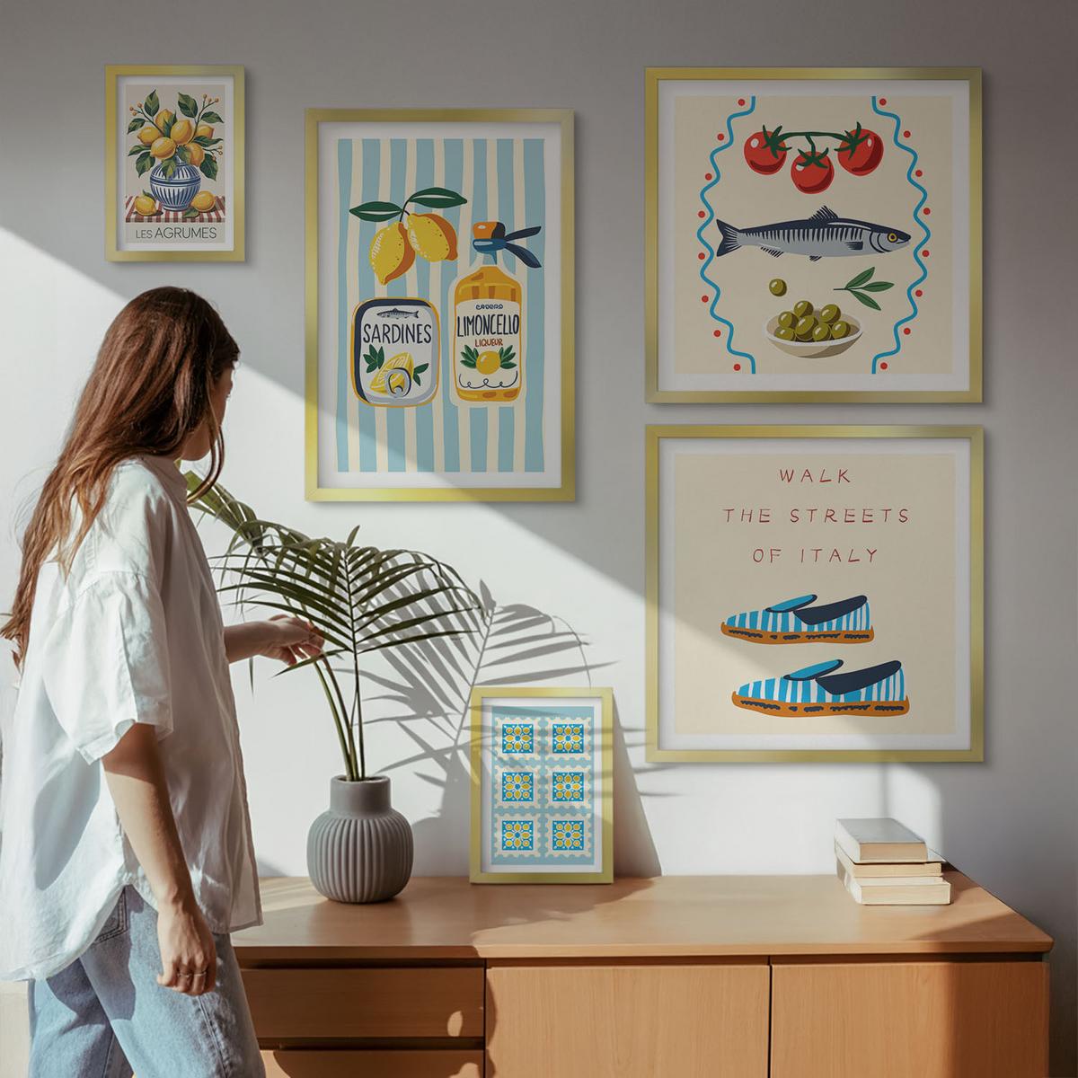BILDER SET 5er Set - 50x50 cm & 20x30 cm & 40x60 cm Goldrahmen - Italienische Aromen, farbenfrohe Bilder - Goldfarben, Kunststoff (40/60cm) - TULUP