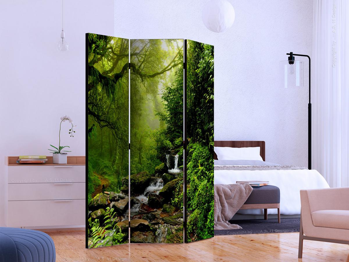 PARAVENT Einseitig Bedruckter 3-tlg 135x172 cm Wasserfall im Wald - Grün, Holz/Textil (135/172/3cm) - Muralo