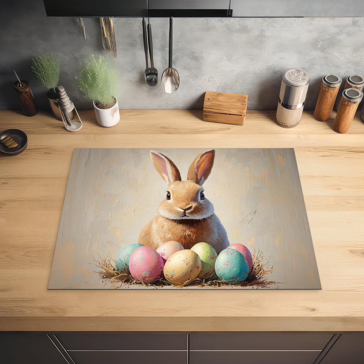 HERDABDECKPLATTE Osterhase - Pastell - Eier Induktionsmatte 71x52 cm - Beige, Kunststoff (71/52/0.2cm) - MuchoWow