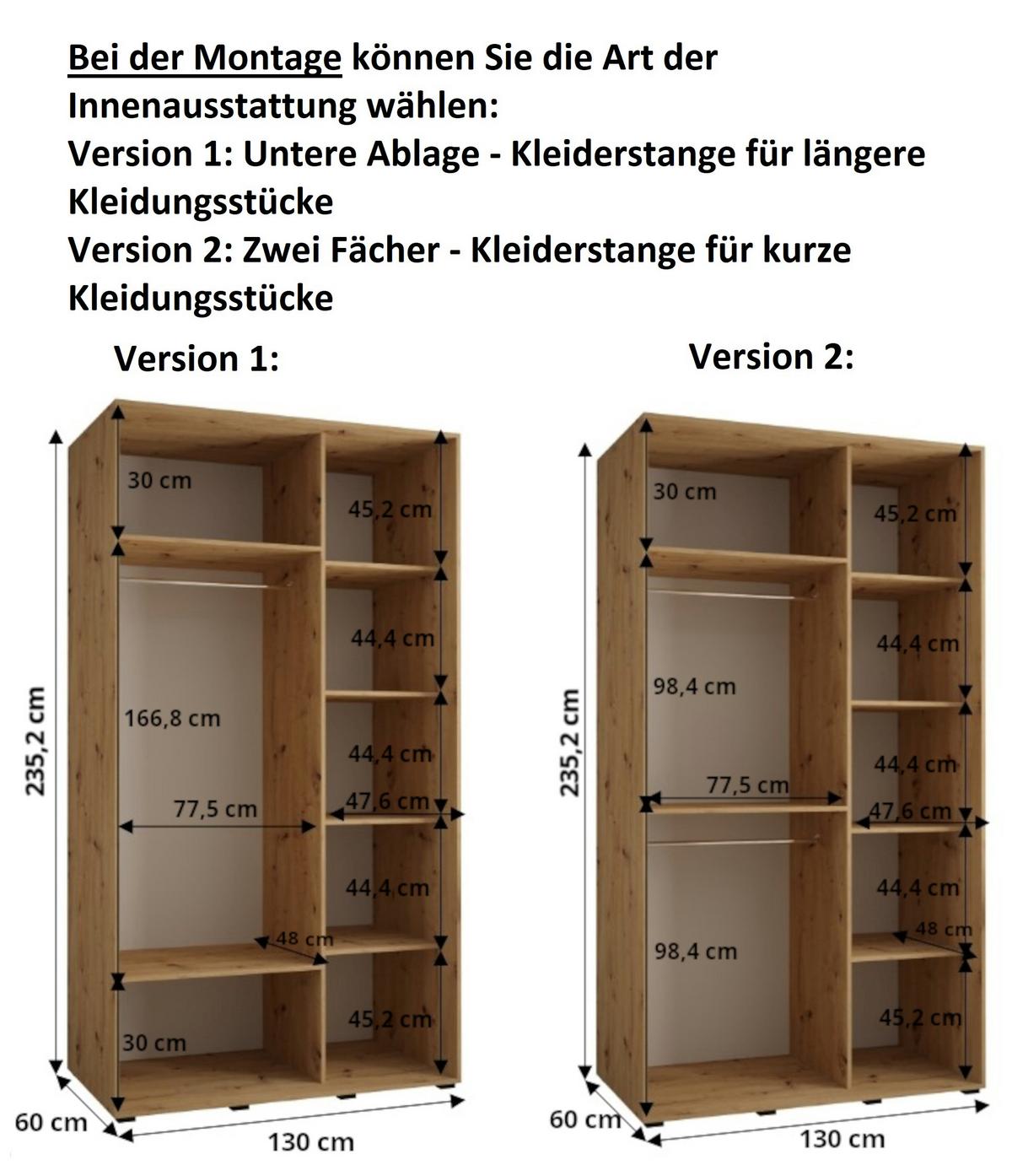 SCHWEBETÜRENSCHRANK 235,2/130/60 2-türig - Kaschmir/Schwarz, Holz/Metall (130/235.2/60cm) - MÖBEL KRYSPOL