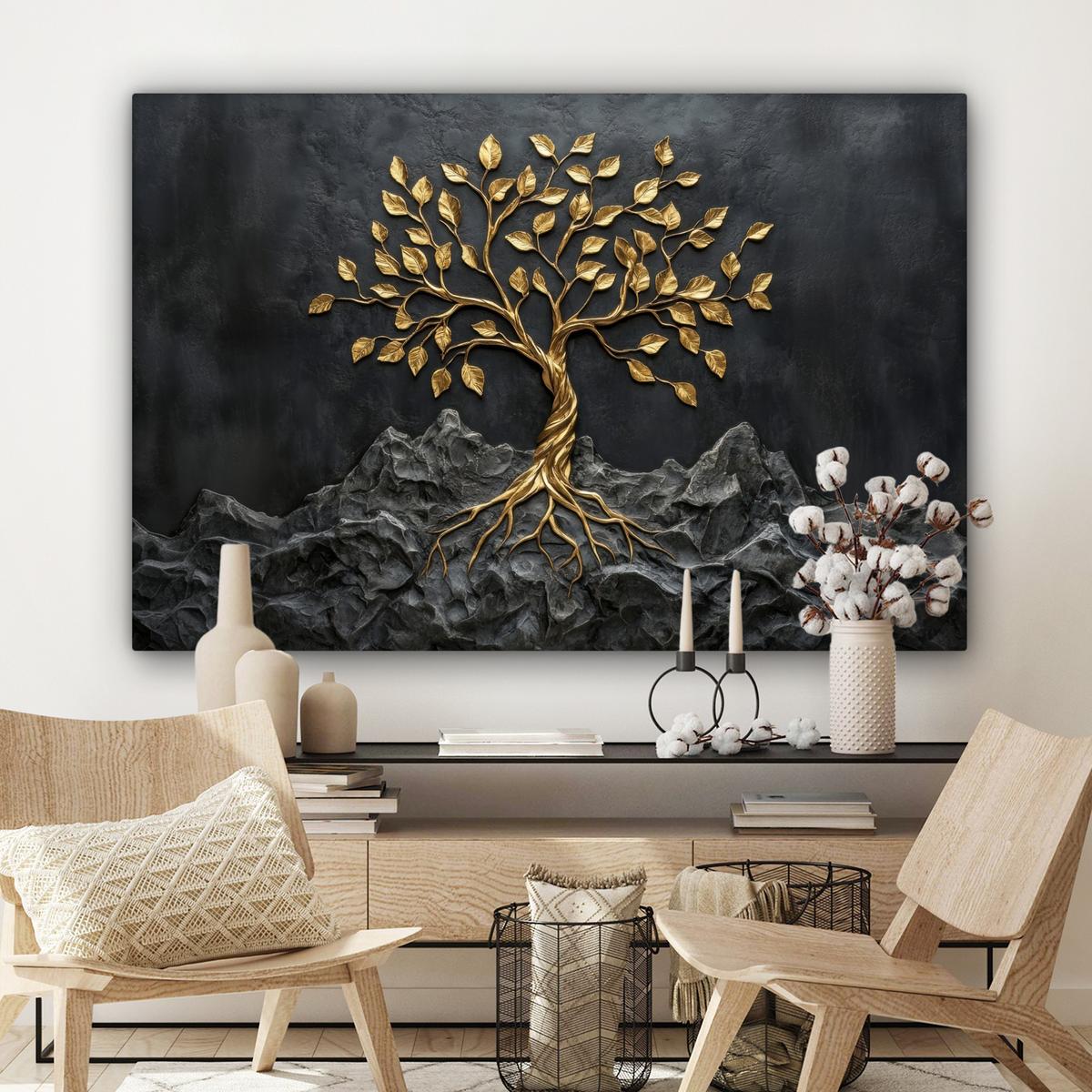 LEINWANDBILD Blätter - Gold - Baum - Fels Groß 140x90 cm - Schwarz, Textil (140/90cm) - MuchoWow