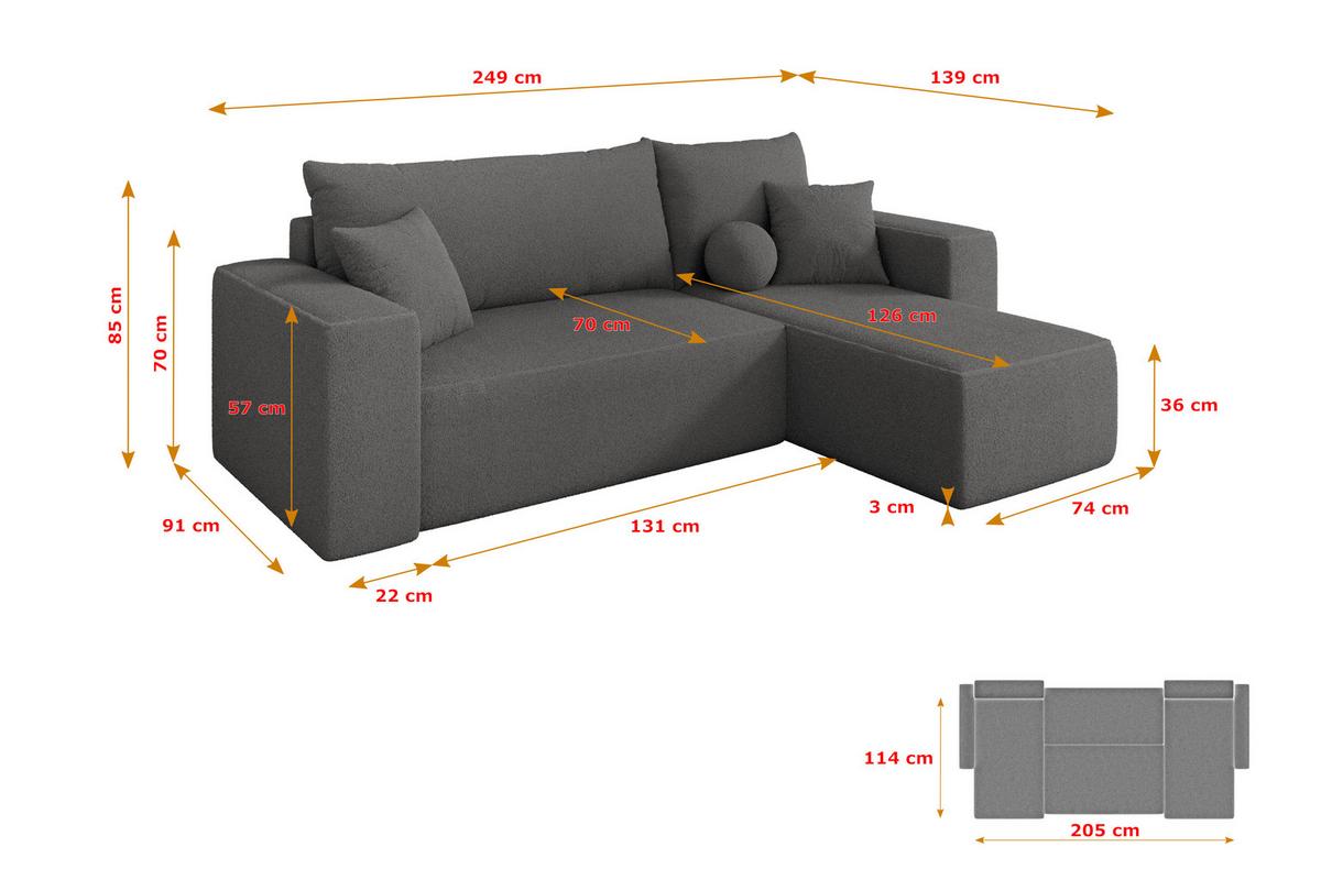 ECKSOFA mit Schlaffunktion Ottomane Rechts SENO-L 249x139x85 Grau Bouclé - Schieferfarben/Schwarz, Holzwerkstoff/Kunststoff (249/139cm) - ALTDECOR