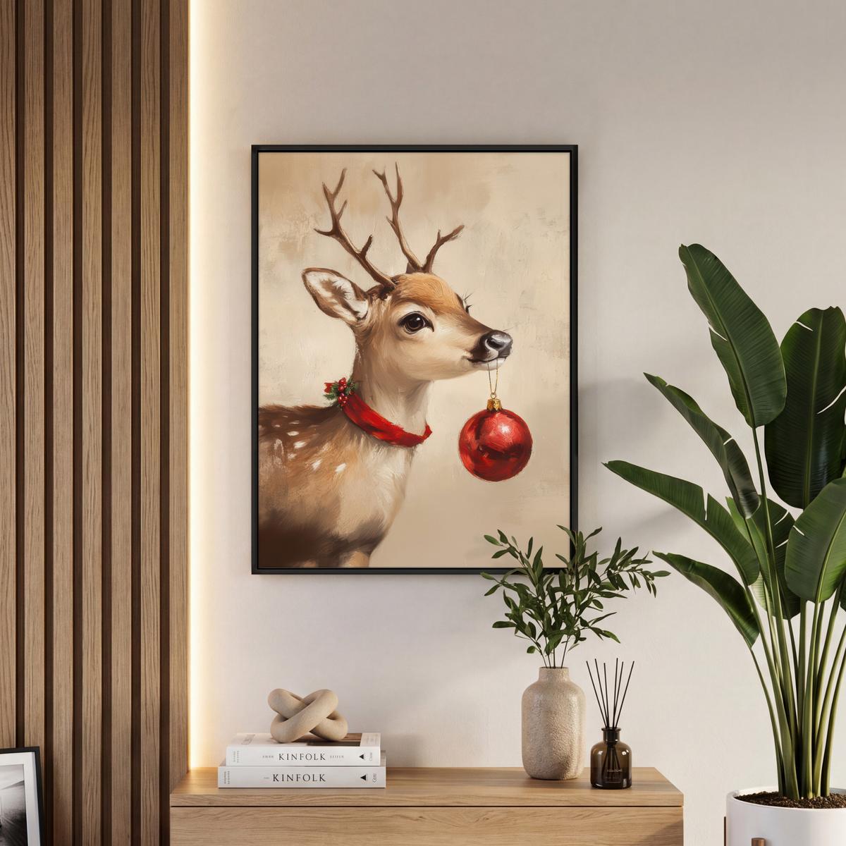 LEINWAND Bilder mit Rahmen - Weihnachten - Hirsch - Geweih - Weihnachtskugel - Rentier - 50x70 - Hellbraun, Textil (50/70cm) - MuchoWow