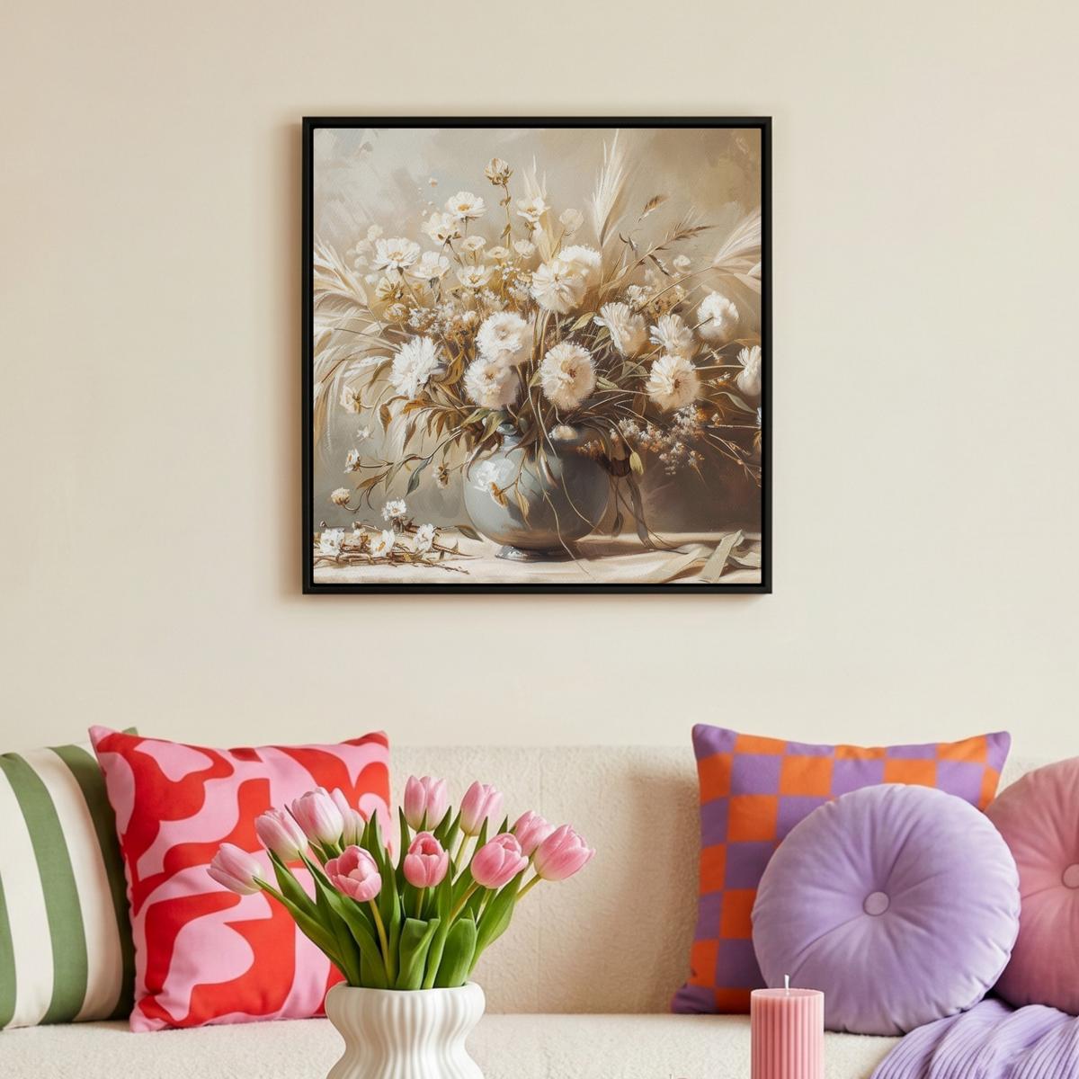 LEINWAND Bilder mit Rahmen - Blumen - Vase - Stilleben - Beige - 50x50 - Creme, Textil (50/50cm) - MuchoWow