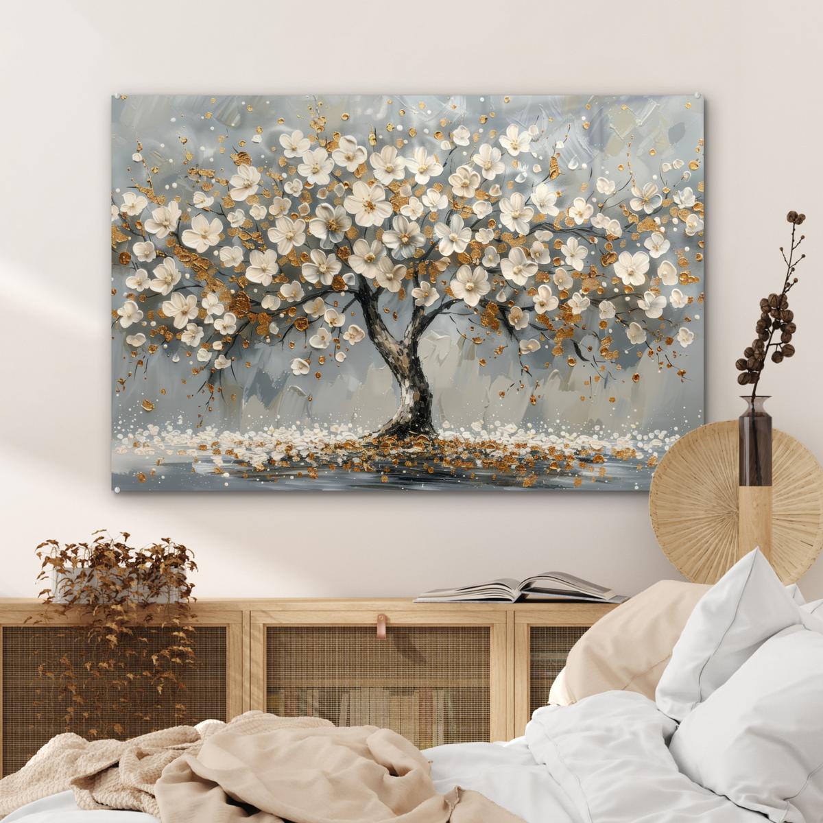 ACRYLGLASBILD Baum - Blumen - Weiß - Natur - Kunst Wandbild Schlafzimmer 120x80 cm - Weiß, Glas (120/80cm) - MuchoWow
