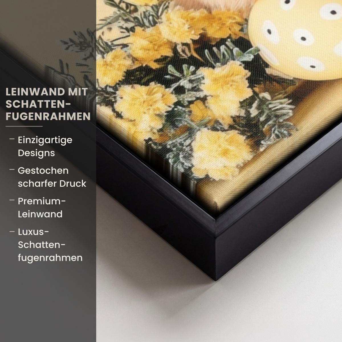 LEINWAND Bilder mit Rahmen - Eier - Kaninchen - Pastellfarbtöne - 60x40 - Hellgelb, Textil (60/40cm) - MuchoWow