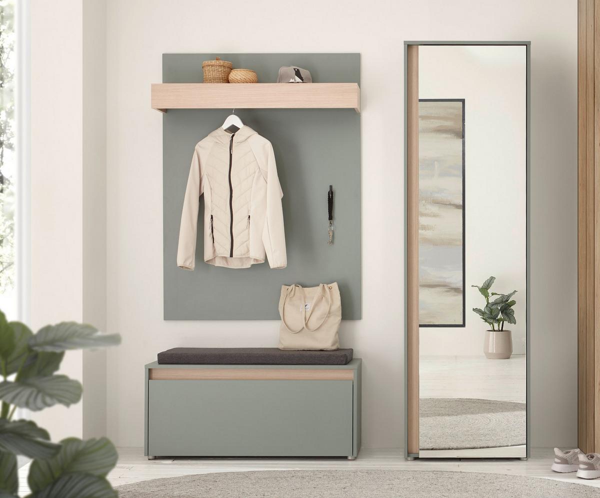GARDEROBENSCHRANK in Salbei Grün mit Eiche, Flurschrank mit Spiegel, 60 x 200 cm - Salbeigrün/Eichefarben, Glas/Holz (60/200/40cm) - Furn.Design