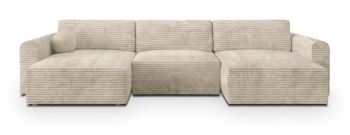 WOHNLANDSCHAFT FENTO Creme Kordstoff mit Schlaffunktion - Creme, Holz (347/90/148cm) - MASSENO