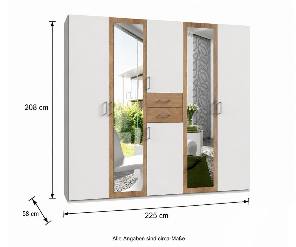 DREHTÜRENSCHRANK B225/H208/T58 cm, Weiß mit Absetzungen in Eiche Dekor, Kleiderschrank mit 2 Spiegeltüren & Schubkästen / 22591 - Eichefarben/Silberfarben, Holzwerkstoff/Kunststoff (225/208/58cm) - luma-home