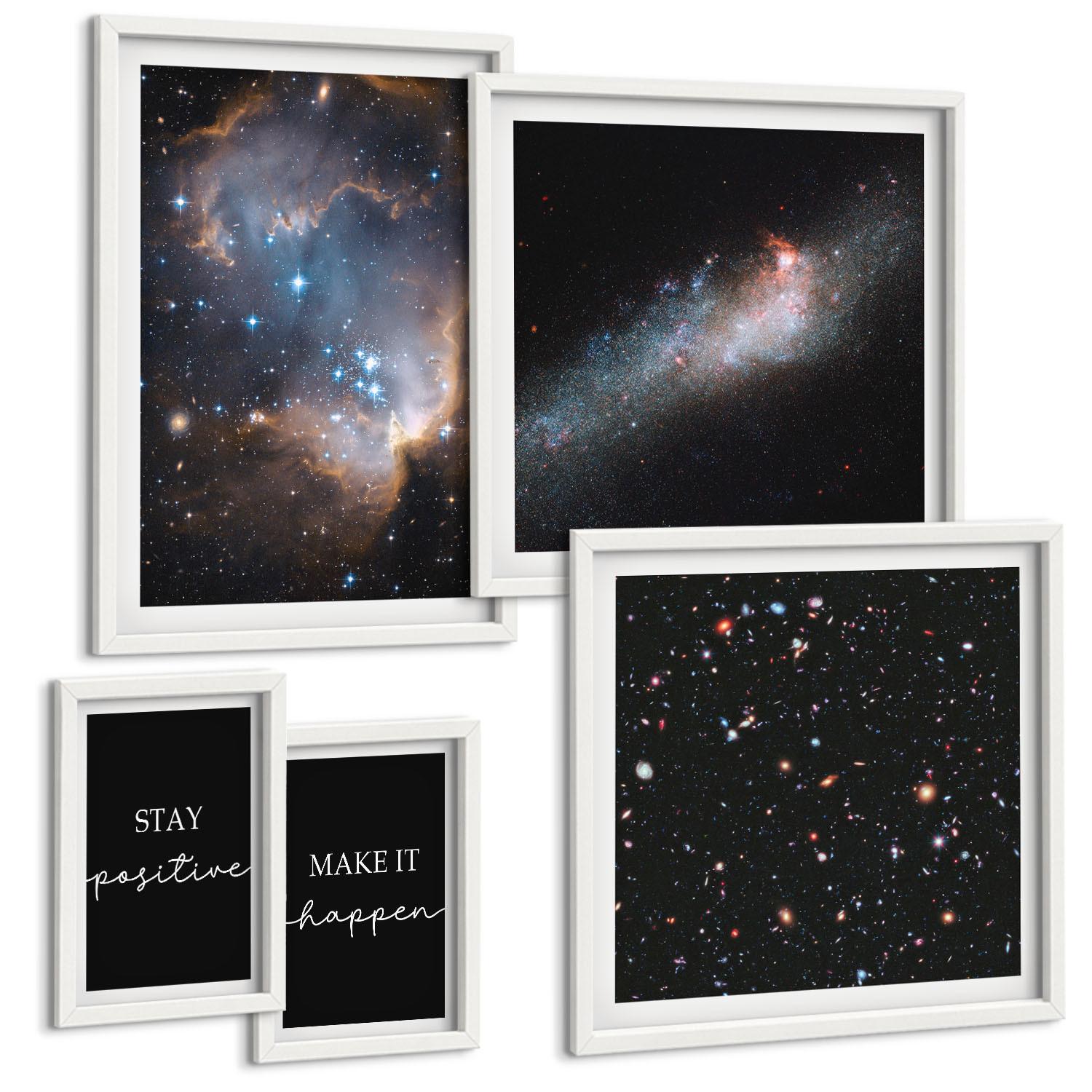 BILDER SET 5er Set - 50x50 cm & 20x30 cm & 40x60 cm Weißer Rahmen - Motivationsslogans Sterne Weltraum - Weiß, Kunststoff (40/60cm) - TULUP