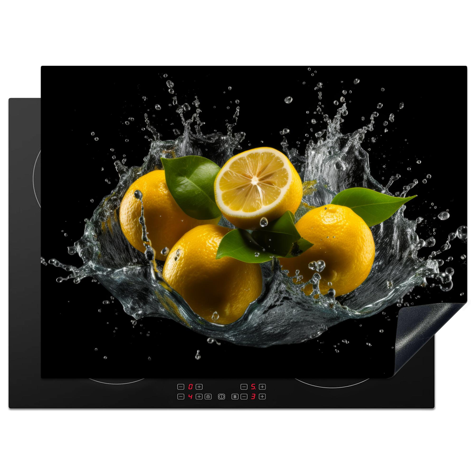 HERDABDECKPLATTE Zitrone - Obst - Gelb - Schwarz Herdabdeckung Induktionsfeld 70x52 cm - Gelb, Kunststoff (70/52/0.2cm) - MuchoWow