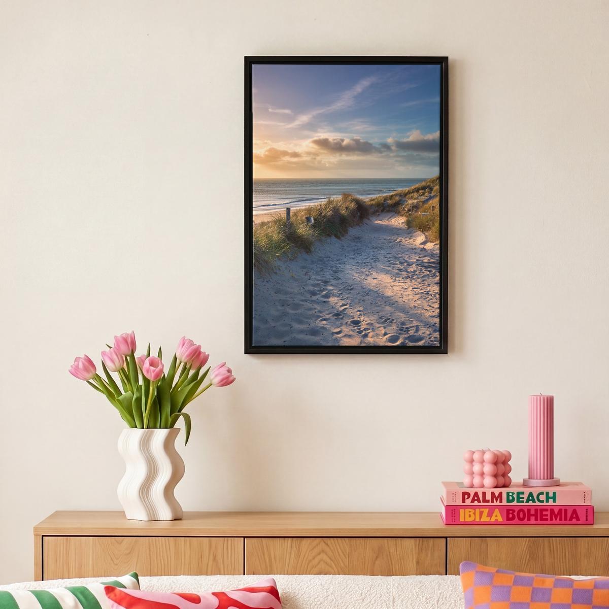 LEINWAND Bilder mit Rahmen - Sonnenuntergang - Strand - Düne - Gras - Ufer - 20x30 - Sandfarben, Textil (20/30cm) - MuchoWow