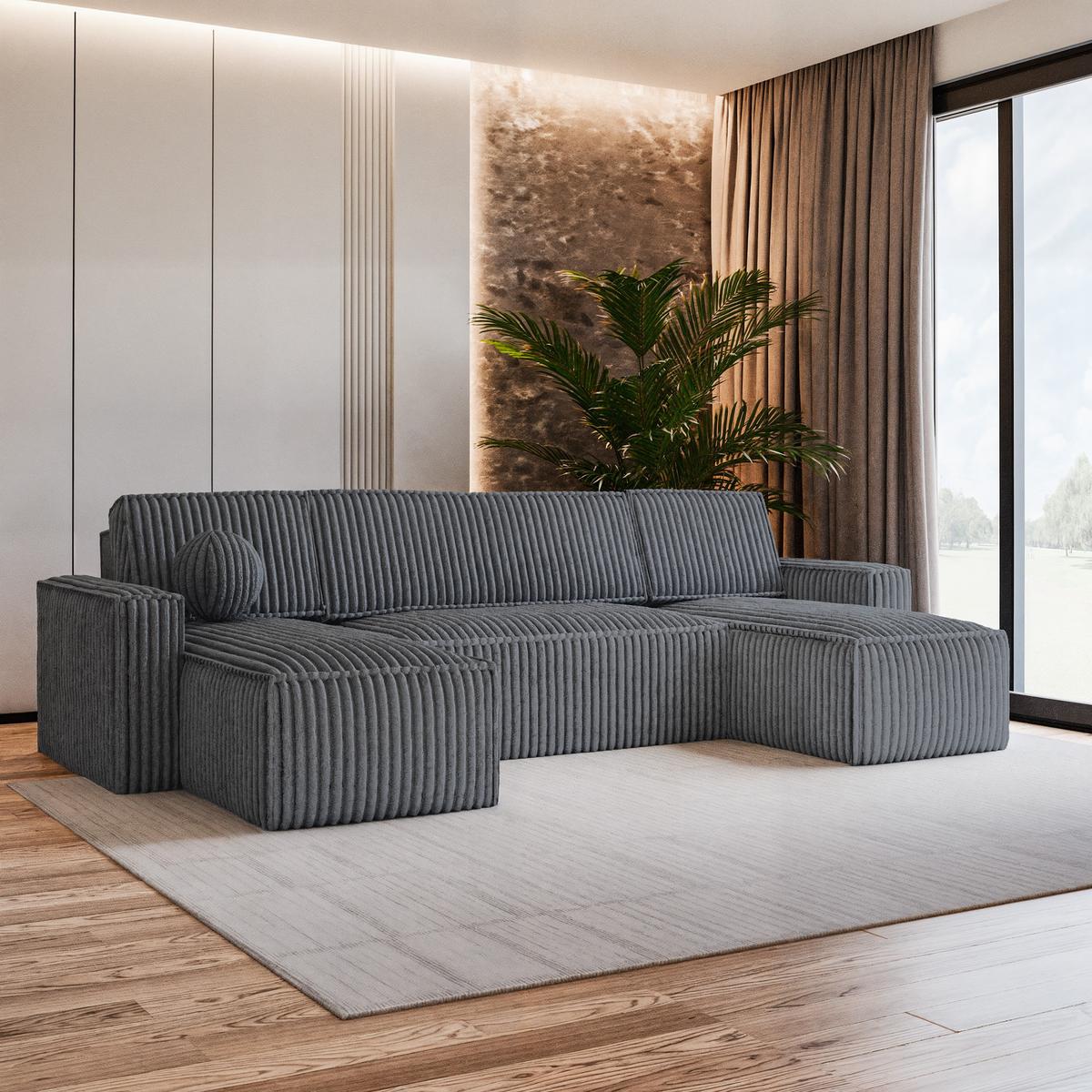 WOHNLANDSCHAFT PESANO T Graphitfarben Kordstoff mit Schlaffunktion - Graphitfarben/Grau, Holz/Kunststoff (306/85/140cm) - MASSENO