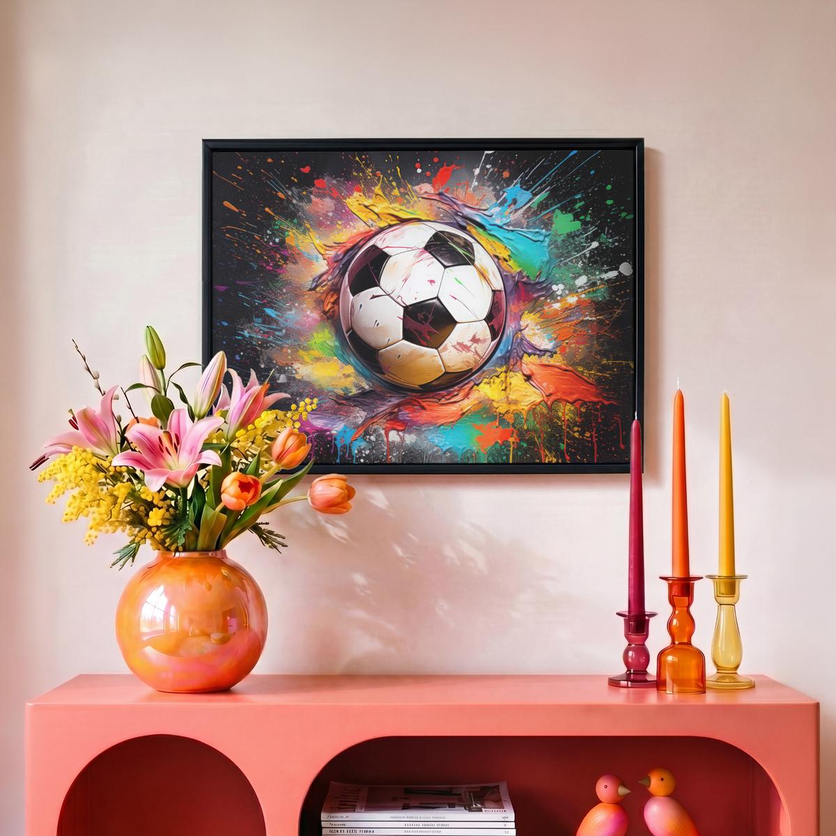 LEINWAND Bilder mit Rahmen - Fußball - Farbe - Farben - Schwarz - Weiß - 40x30 - Weiß, Textil (40/30cm) - MuchoWow