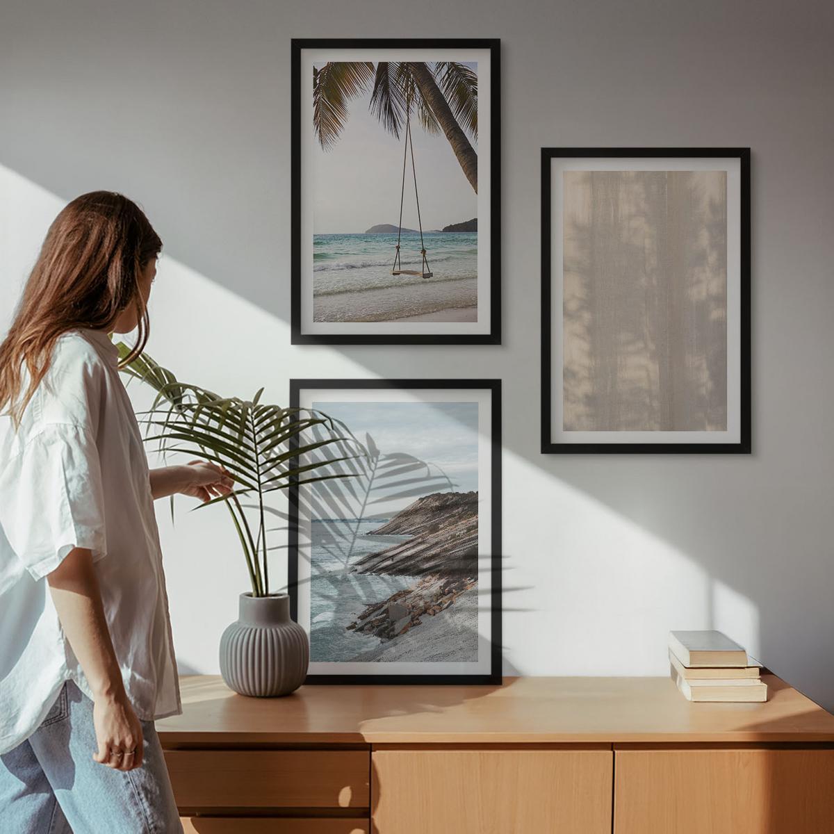 BILDER SET 3er Set - 40x60 cm Schwarzer Rahmen - Sommerlicher Sandstrand mit Meerblick - Schwarz, Kunststoff (40/60cm) - TULUP