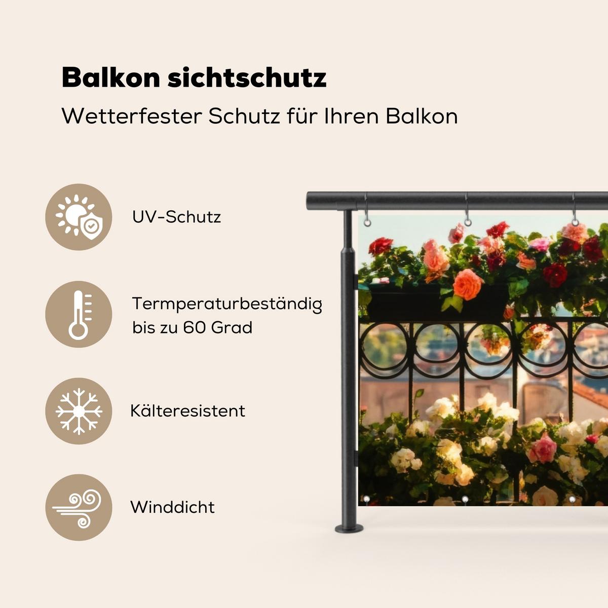 BALKON-SICHTSCHUTZ Blumen - Zaun - Stadtbild - Sommer Windschutz 300x100 cm - Pink, Kunststoff (300/100cm) - MuchoWow