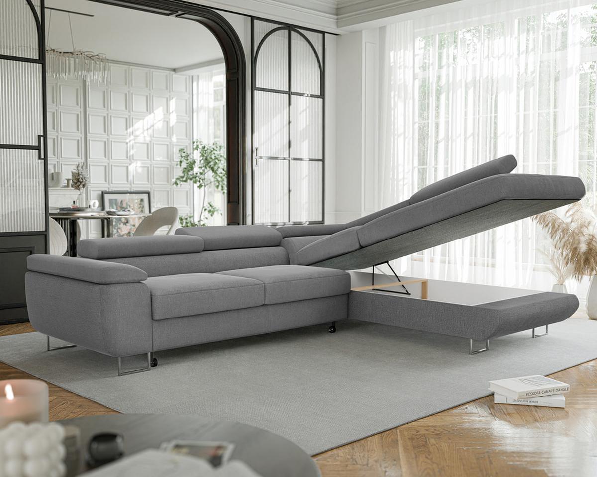 ECKSOFA ANTON rechts, mit Schlaffunktion und Bettkasten Dunkelgrau - Chromfarben/Dunkelgrau, Textil/Metall (274/203cm) - Idohome