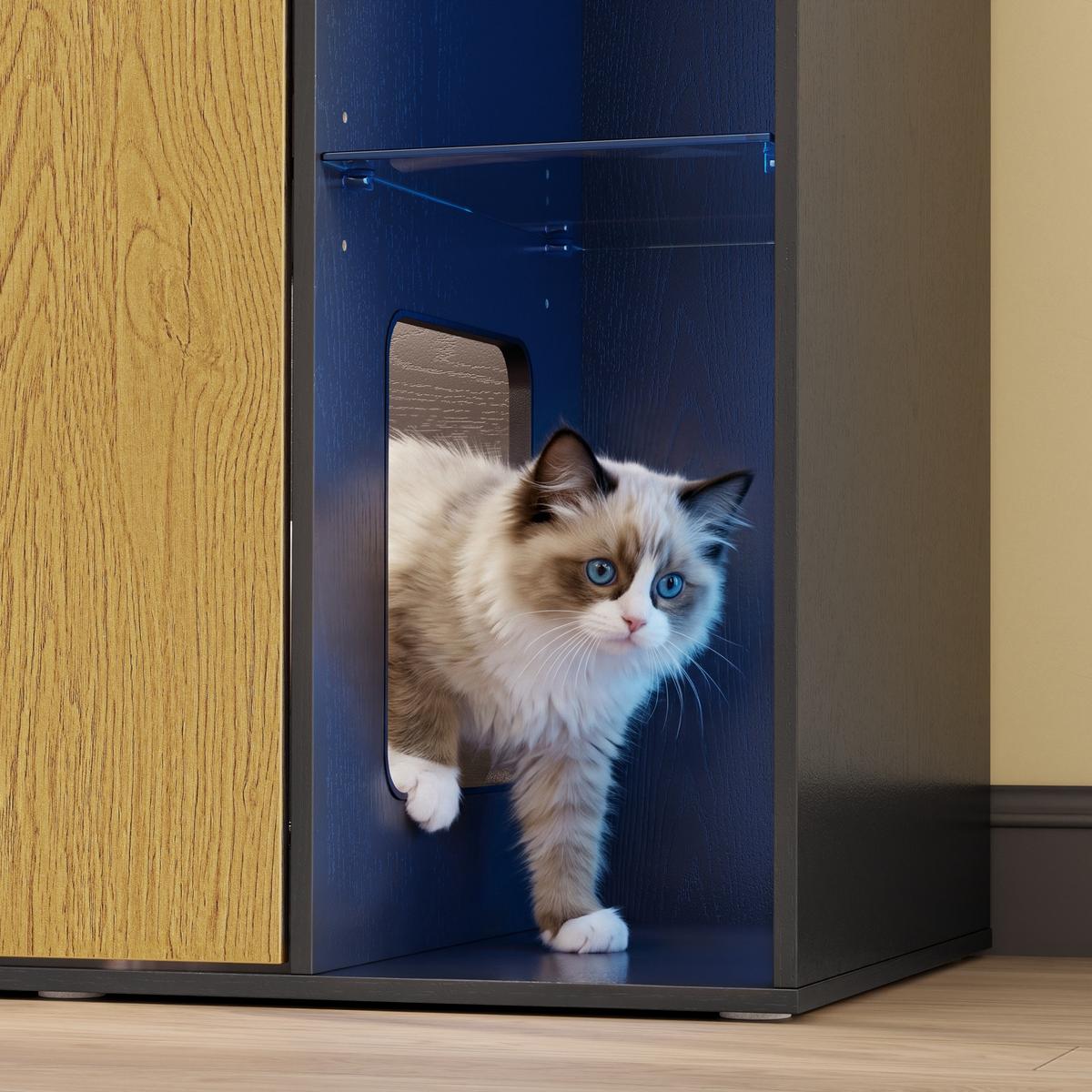 KATZENKLO-SCHRANK mit Aufbewahrung und integrierter Katzentoilette HAT08-E-SCH - Ahornfarben/Schwarz, Kunststoff/Fell (45/75/85cm) - SoBuy