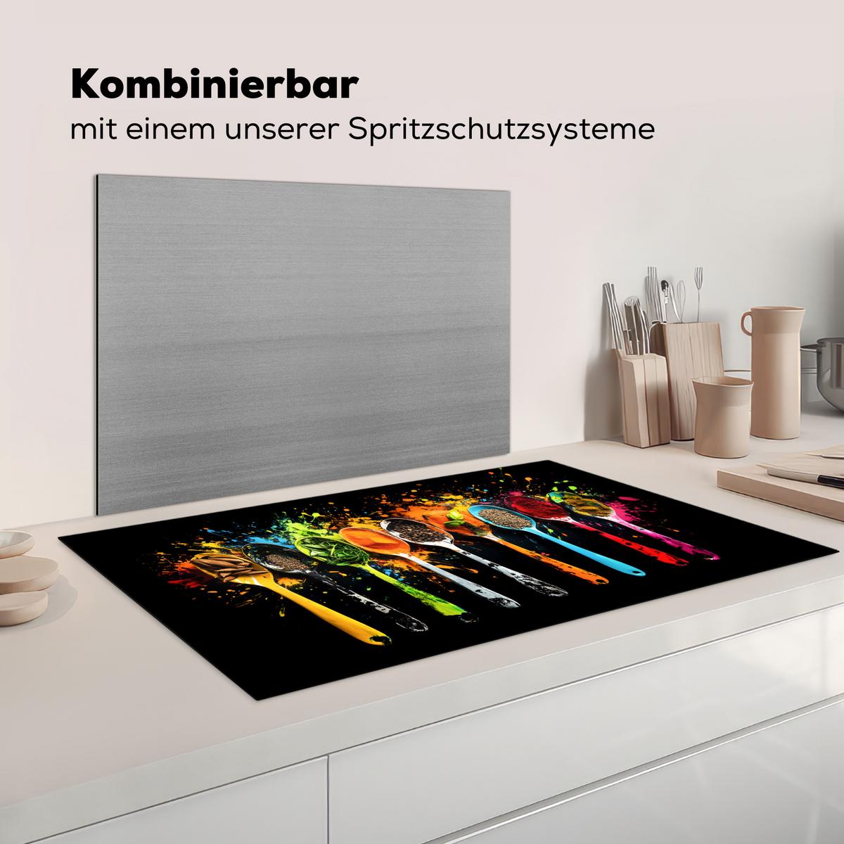 HERDABDECKPLATTE Löffel - Gewürze - Modern - Graffiti - Farbe - Farbenfroh Induktionsschutz 91.6x52.7 cm - Multicolor, Kunststoff (91.6/52.7/0.2cm) - MuchoWow
