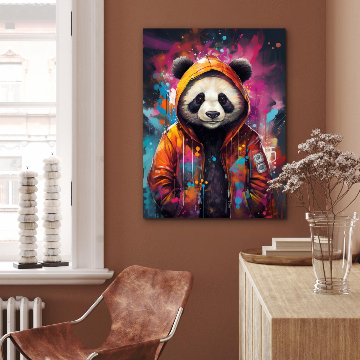METALLBILD Panda - Jacke - Graffiti - Orange 60x80 cm - Orange, Metall (60/80cm) - MuchoWow