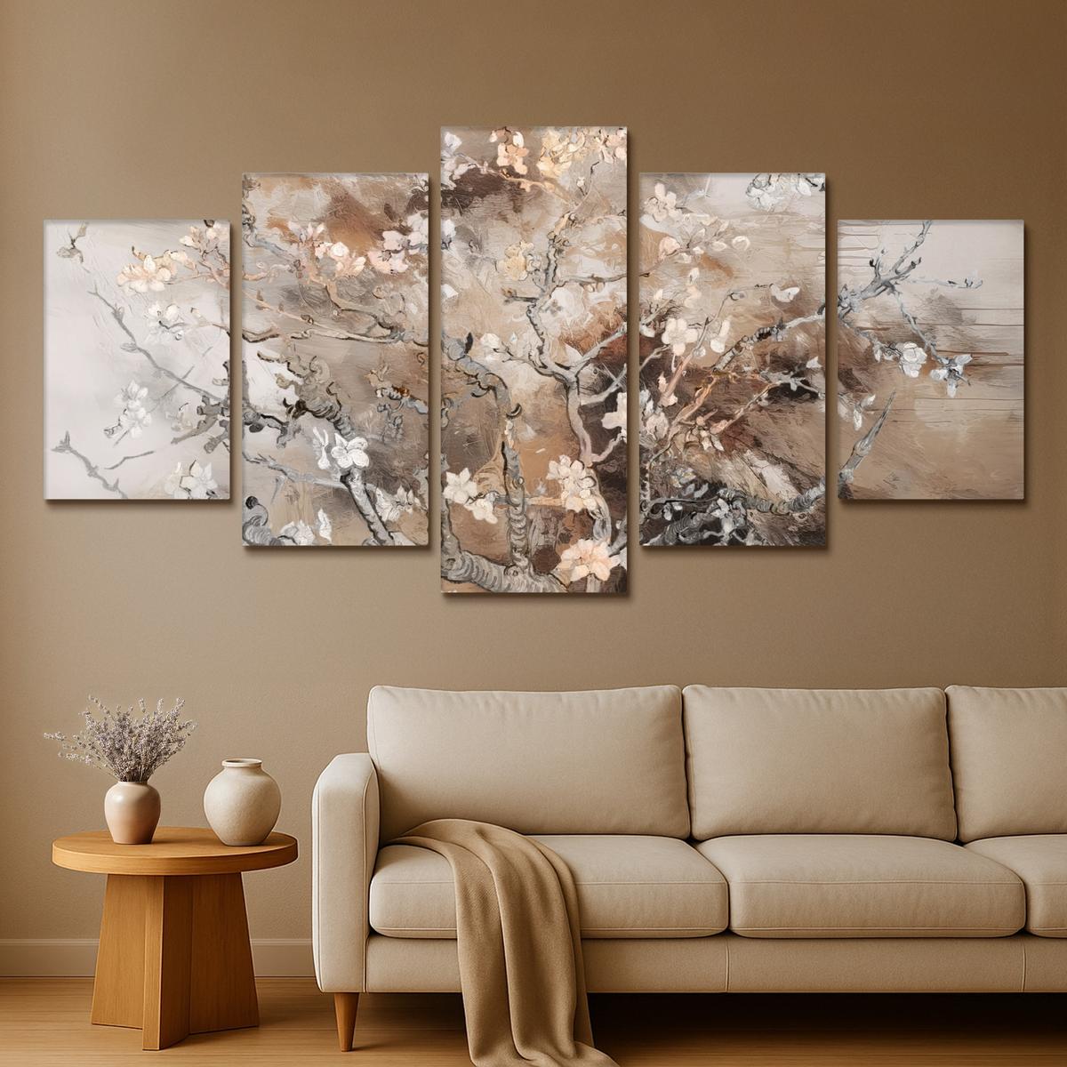 LEINWANDBILD 5er Set Mandelblüte - Abstrakt - Beige 200x100 cm - Beige, Textil (200/100cm) - MuchoWow