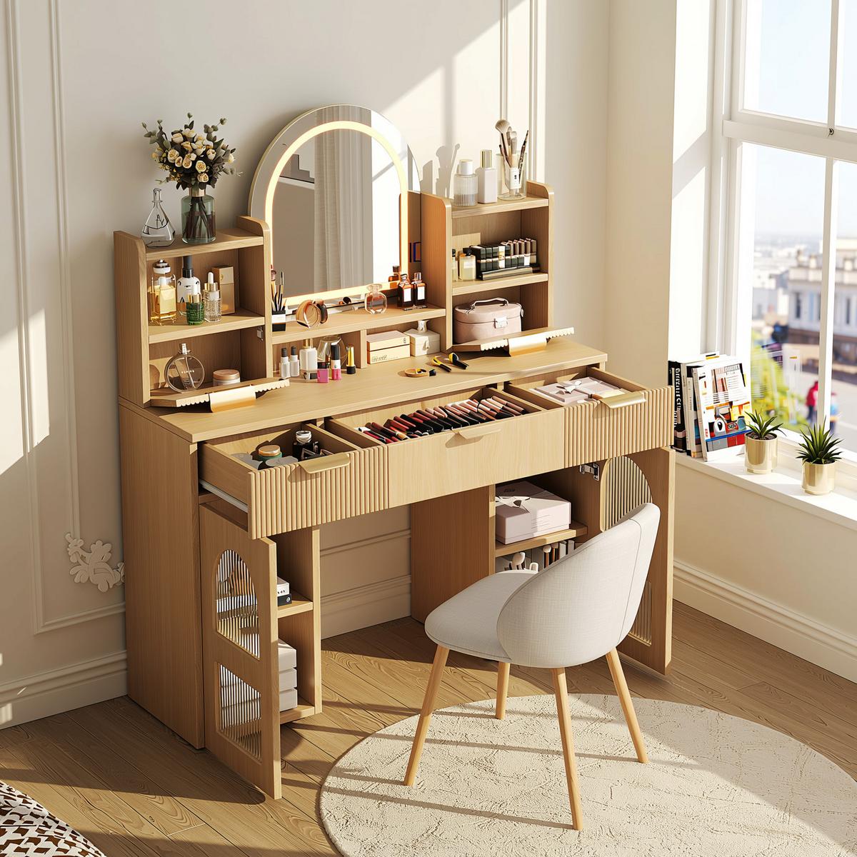 SCHMINKTISCH holzoptik mit LED-Spiegel & Glasvitrinen - Naturfarben, Holzwerkstoff (120/139.5/40cm) - Urban Meuble