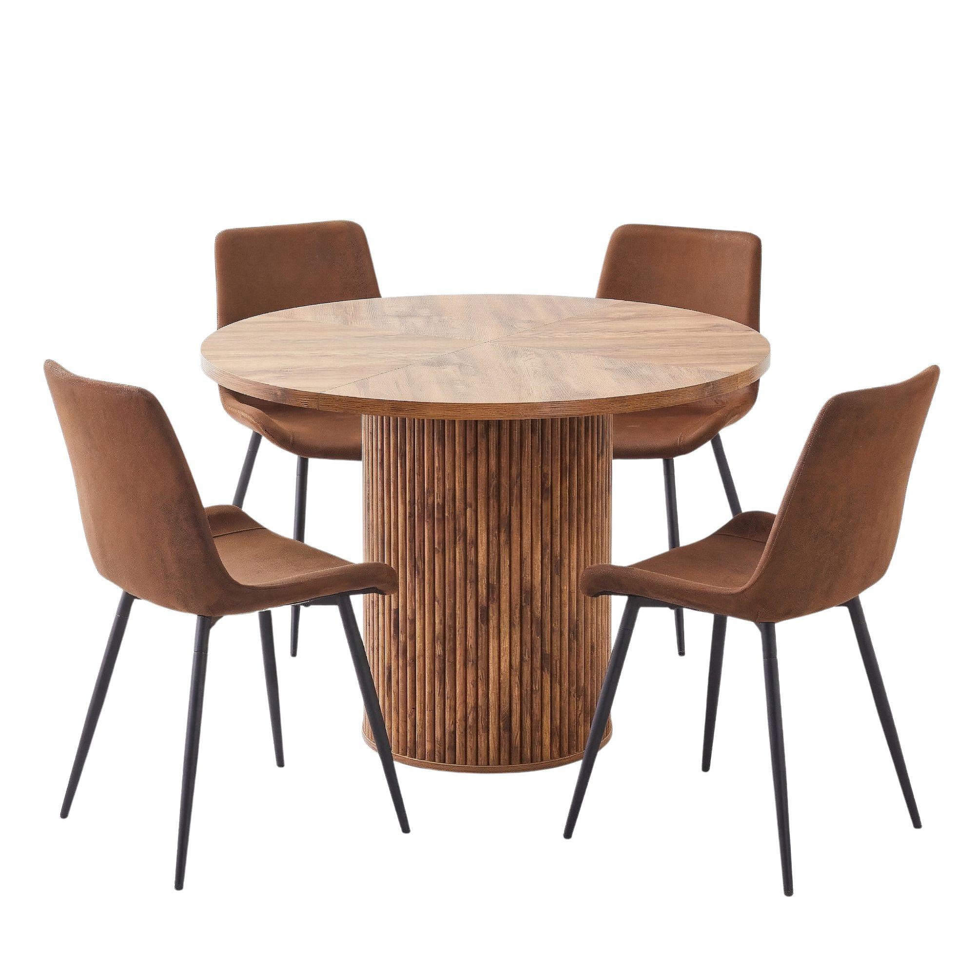 ESSTISCHSET rund 100cm 4 stühle holzoptik - Eichefarben, Textil (100/76/100cm) - Urban Meuble