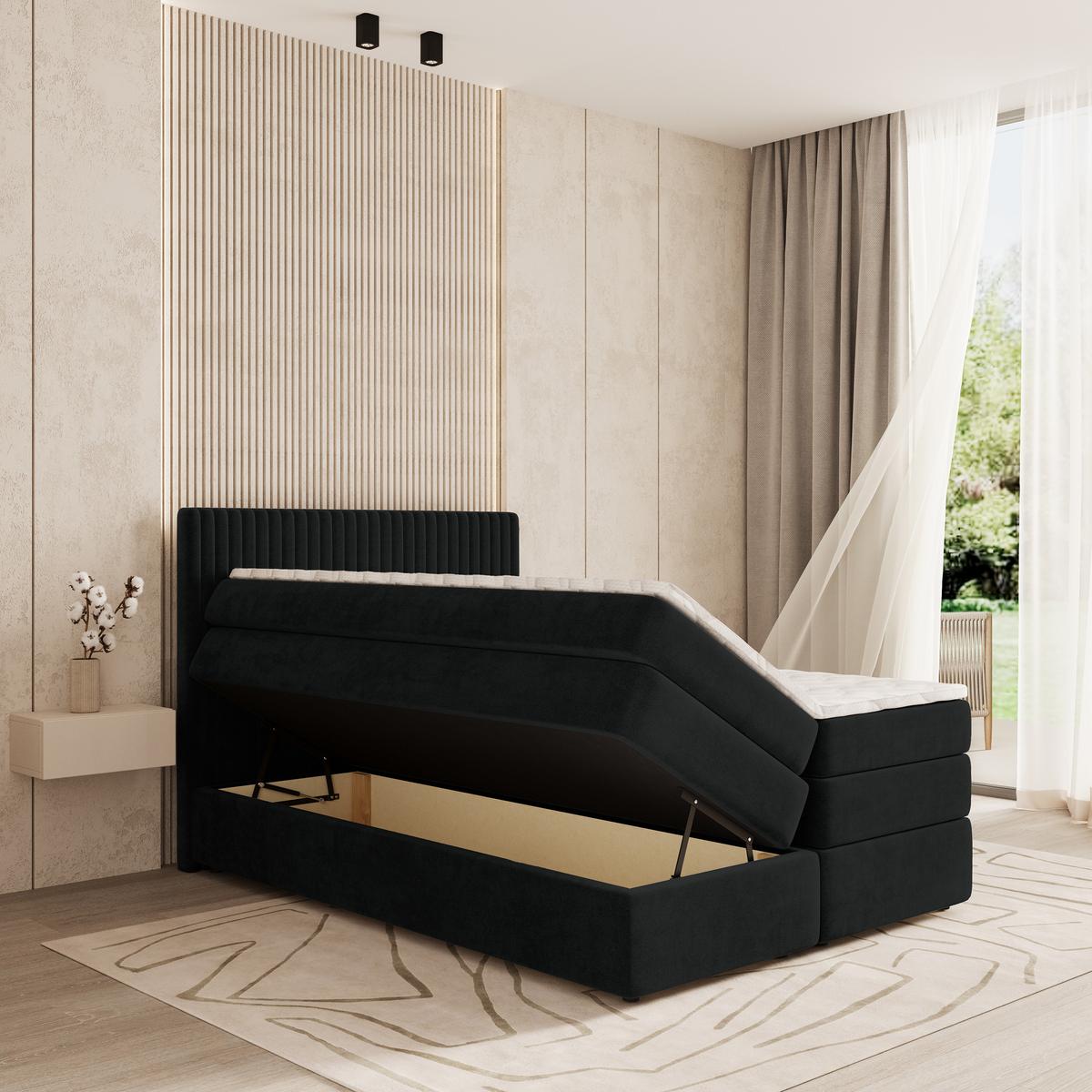 BOXSPRINGBETT FELBIO 180x200 cm mit Matratze und Topper - Schwarz - Schwarz, Holz (180/200cm) - MASSENO