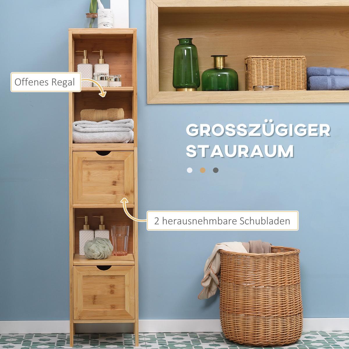 BADEZIMMERSCHRANK, Badschrank aus Bambus, Aufbewahrungsschrank, 30 x 30 x 140 cm - Naturfarben, Holz (30/140/30cm) - Kleankin