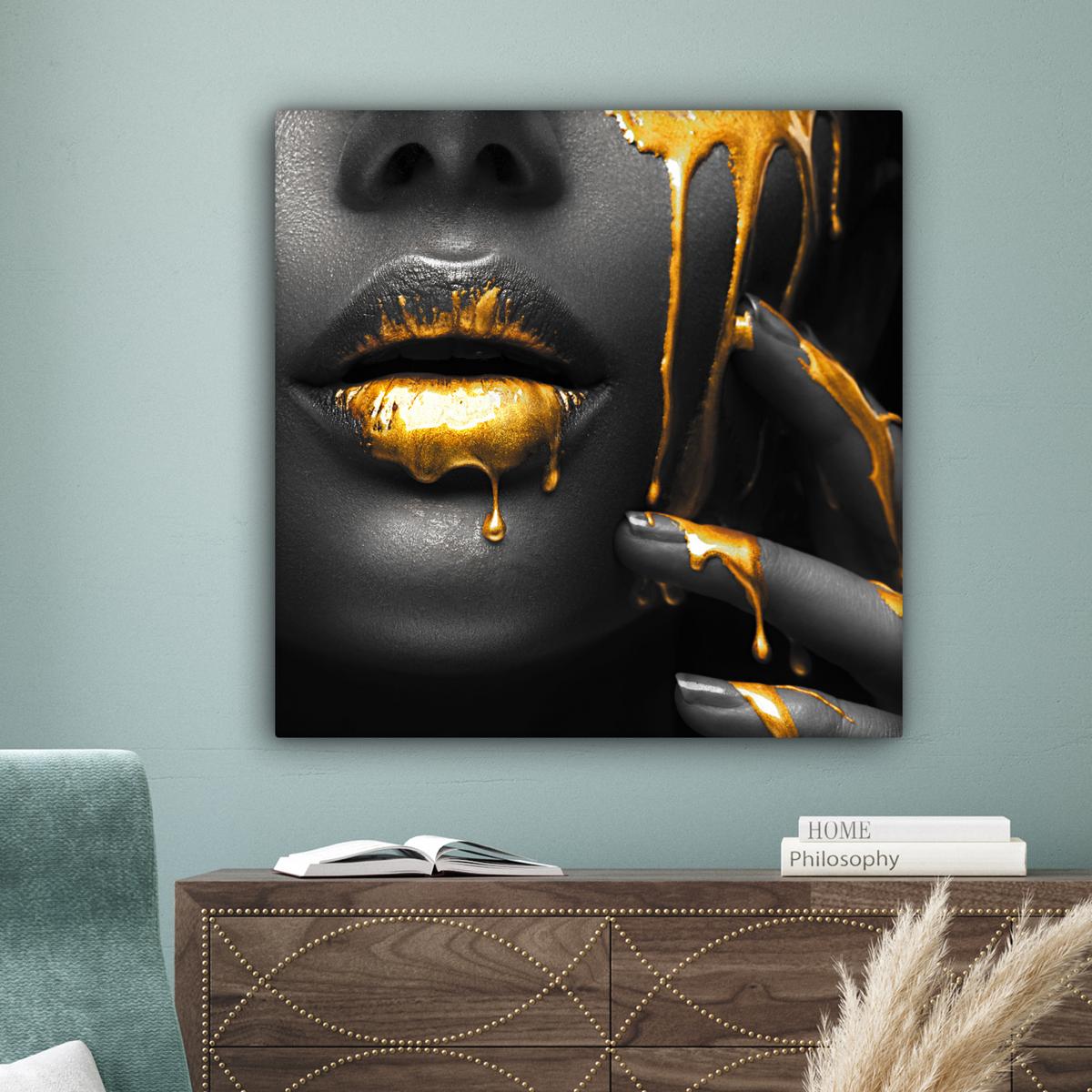 LEINWANDBILD Frau - Schwarz - Gold - Gesicht - Lippen Deko Groß 90x90 cm - Goldfarben, Textil (90/90cm) - MuchoWow