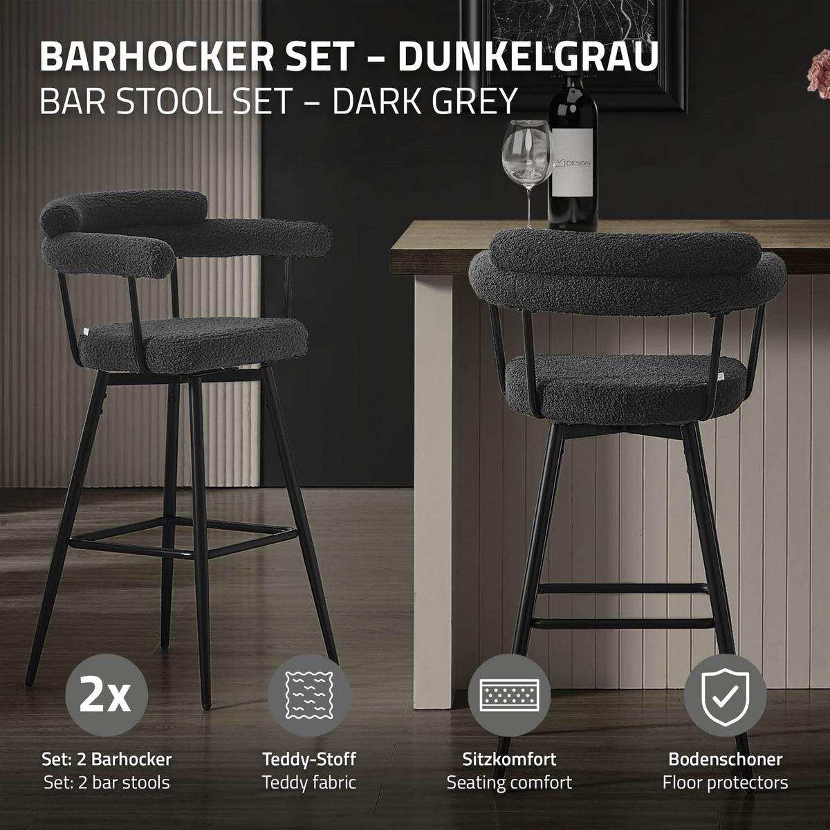 BARHOCKER 2er Set drehbar Dunkelgrau mit Teddy-Stoff 76 cm hoch - Dunkelgrau/Schwarz, Textil/Metall (61/103/55cm) - ML-DESIGN