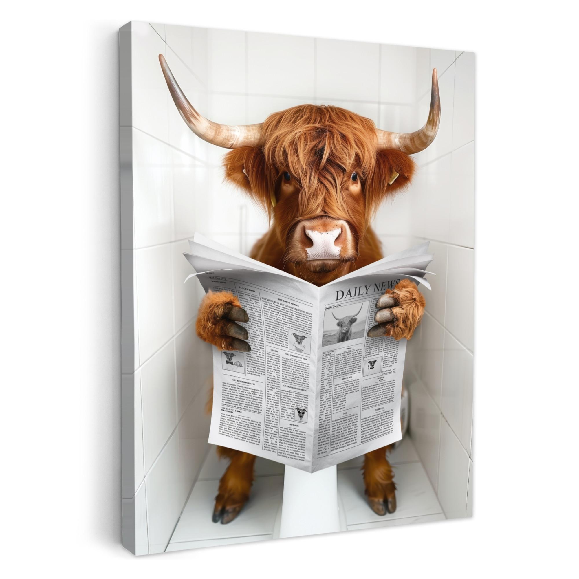 LEINWANDBILD Schottischer Highlander - Tier - Zeitung - Toilette Room Decor 30x40 cm - Kastanienfarben, Textil (30/40cm) - MuchoWow
