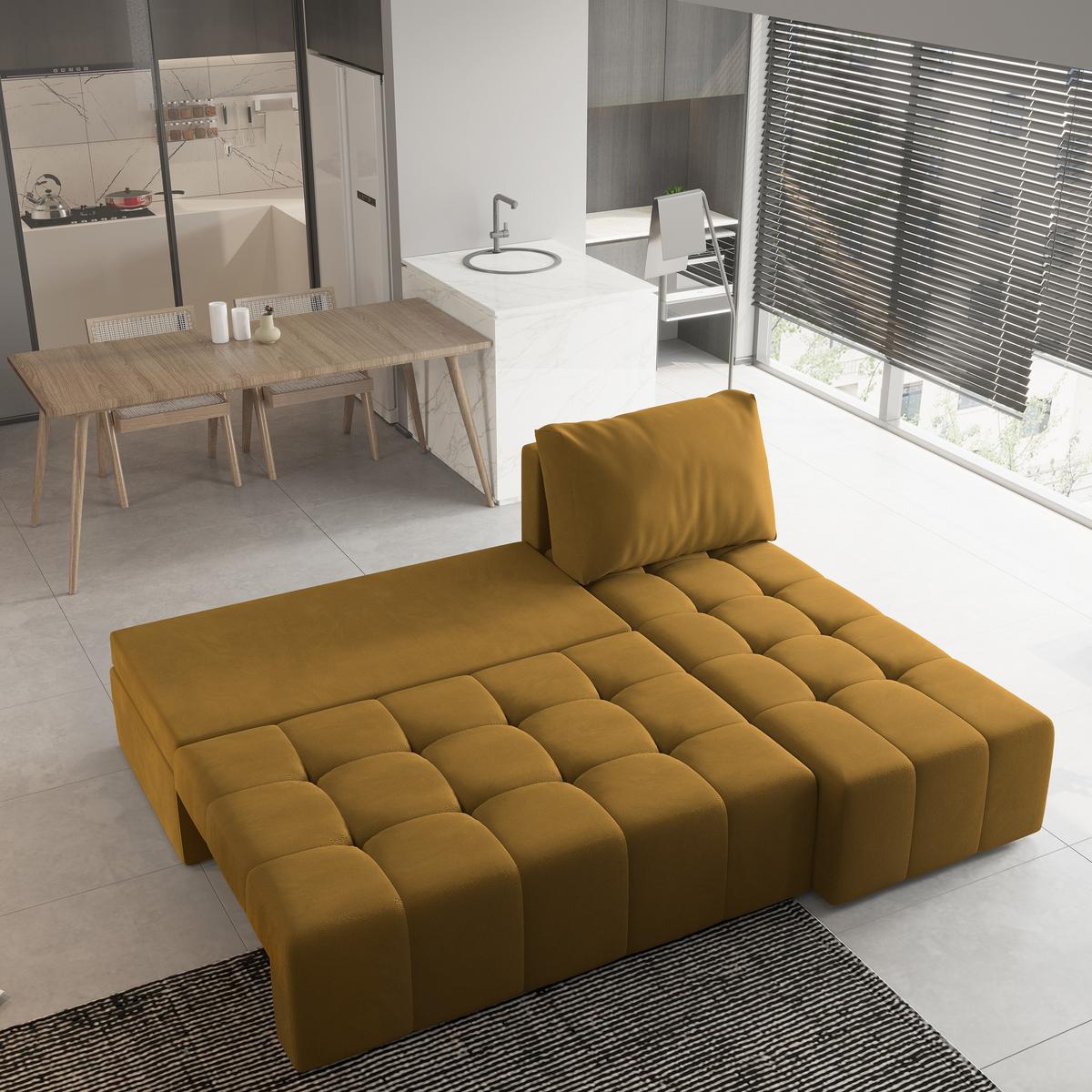 ECKSOFA DOMIRA Gelb Plüsch-Stoff mit Schlaffunktion - Gelb, Holz (200/141cm) - MASSENO